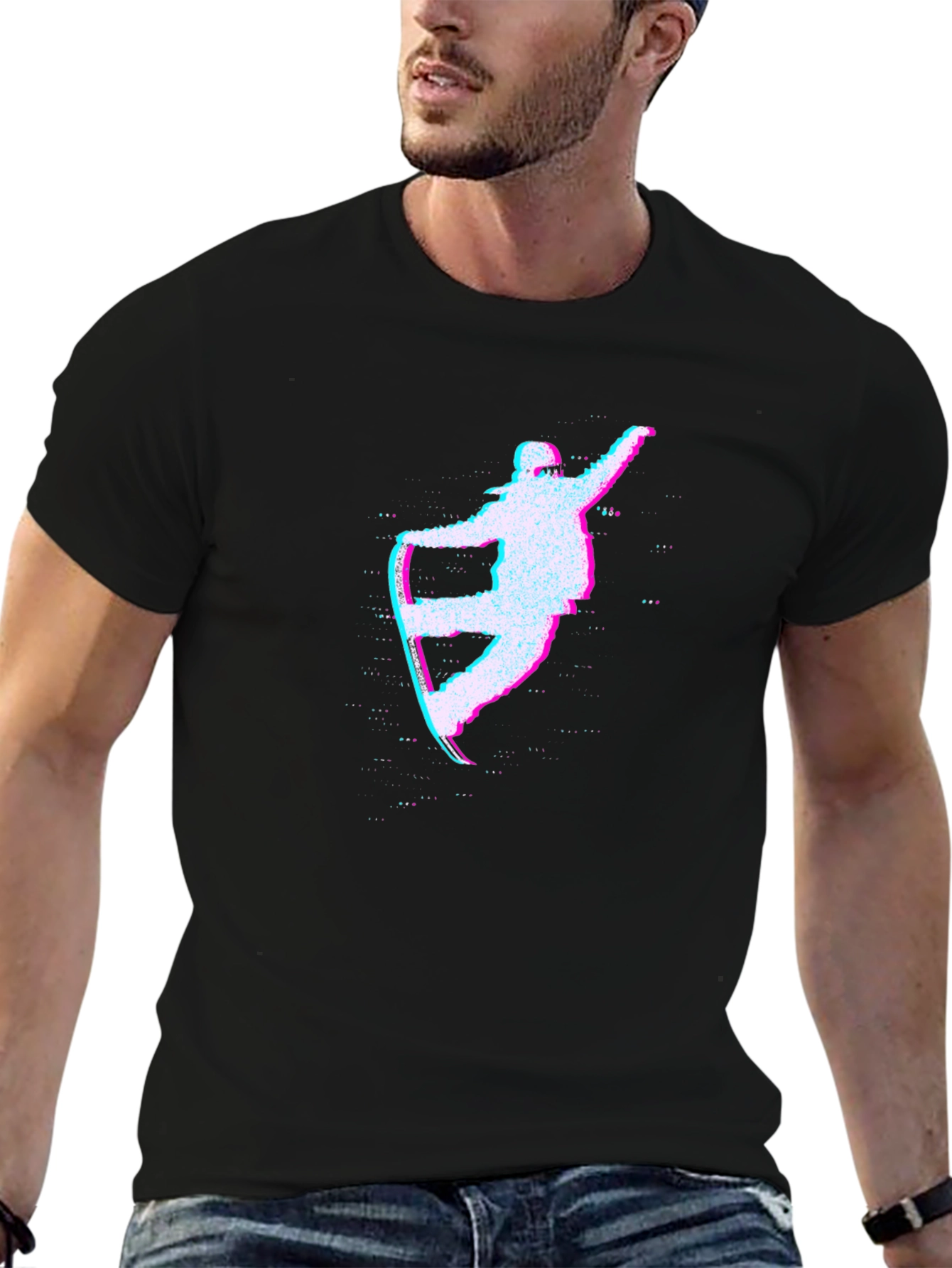 Glitch Snowboarder Graphic Tee - Black Cotton T-Shirt