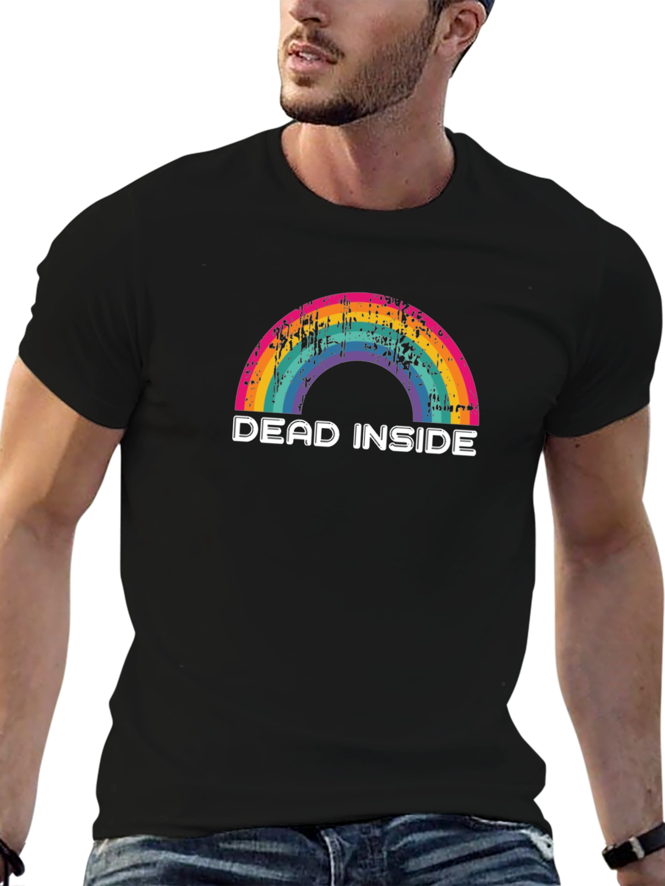 Dead Inside Rainbow Graphic Tee - Black Cotton T-Shirt