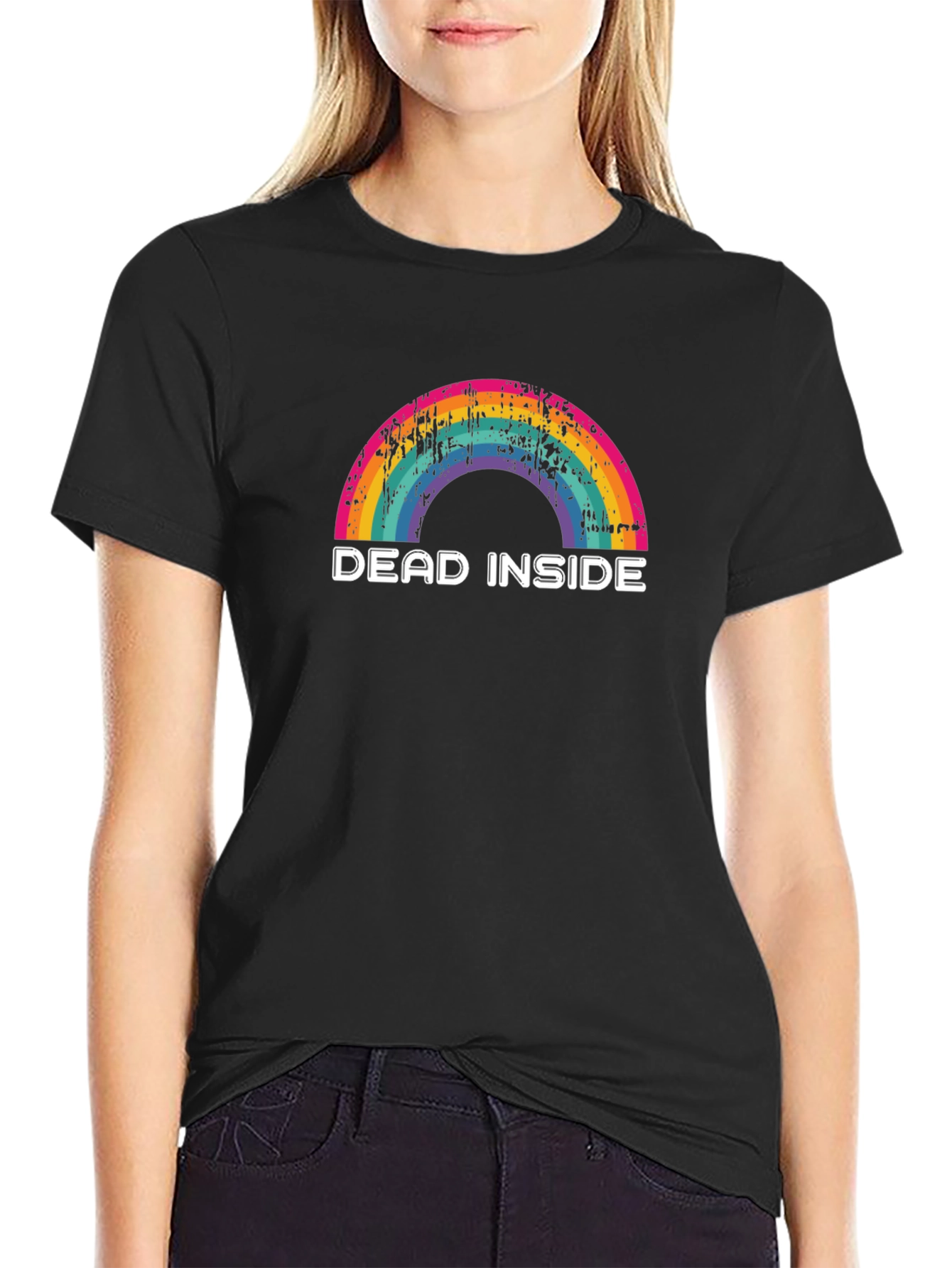 Dead Inside Rainbow Graphic Tee - Black Cotton T-Shirt