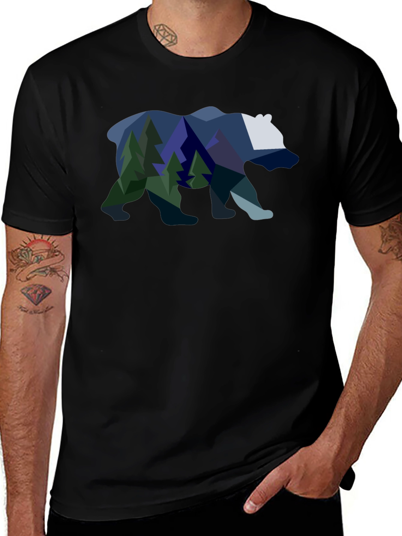 Geometric Bear & Mountain Scene Graphic Tee