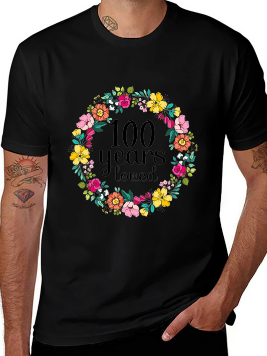 100 Years Loved Floral Wreath Graphic Tee - Black Cotton Shirt