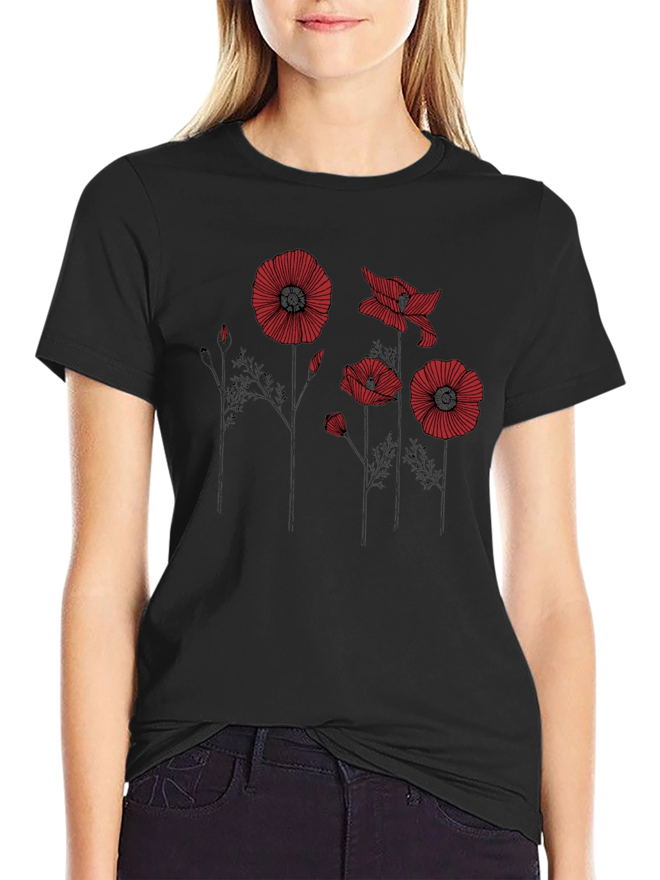 Floral Poppy Print Black T-Shirt