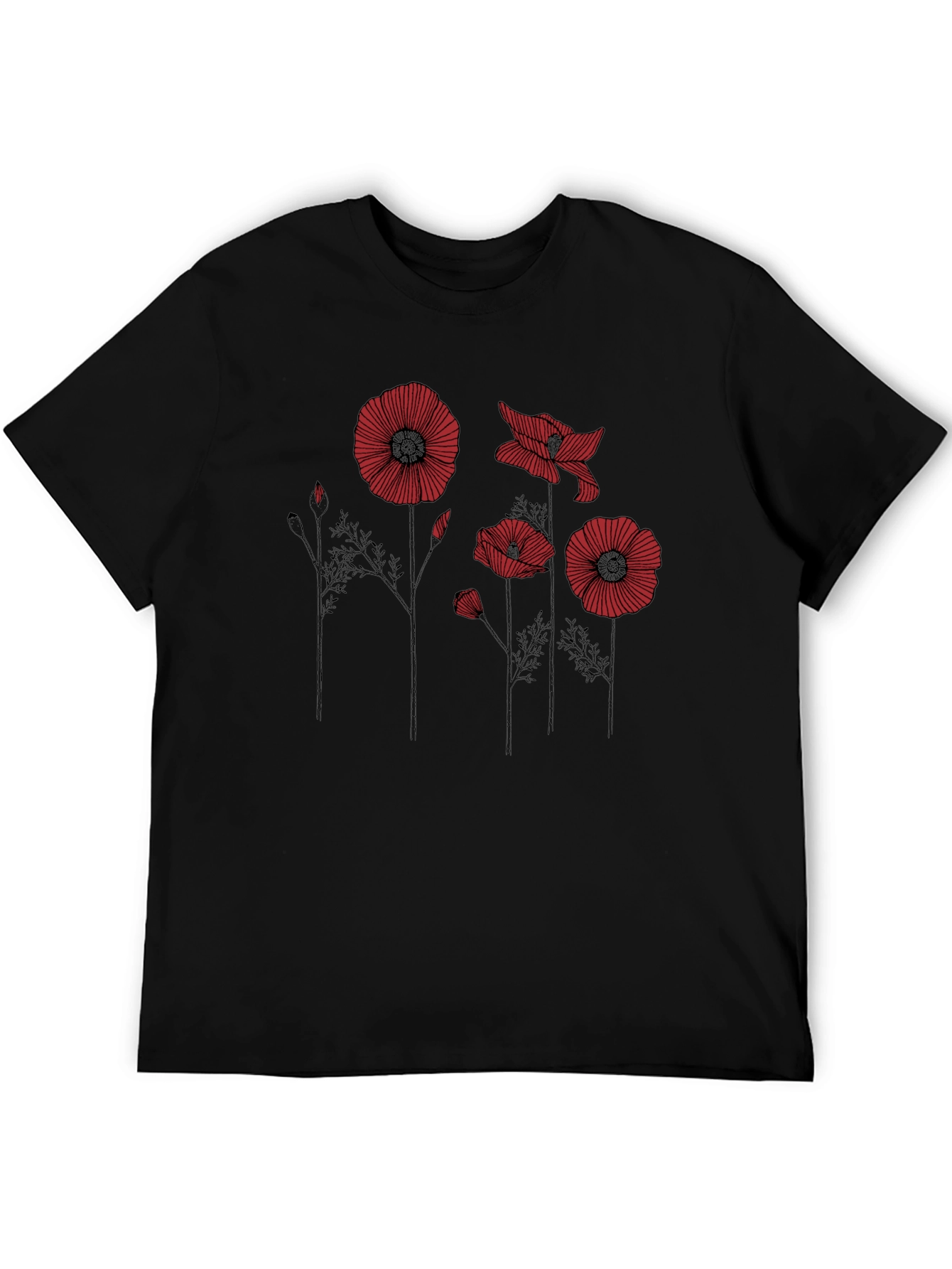 Floral Poppy Print Black T-Shirt