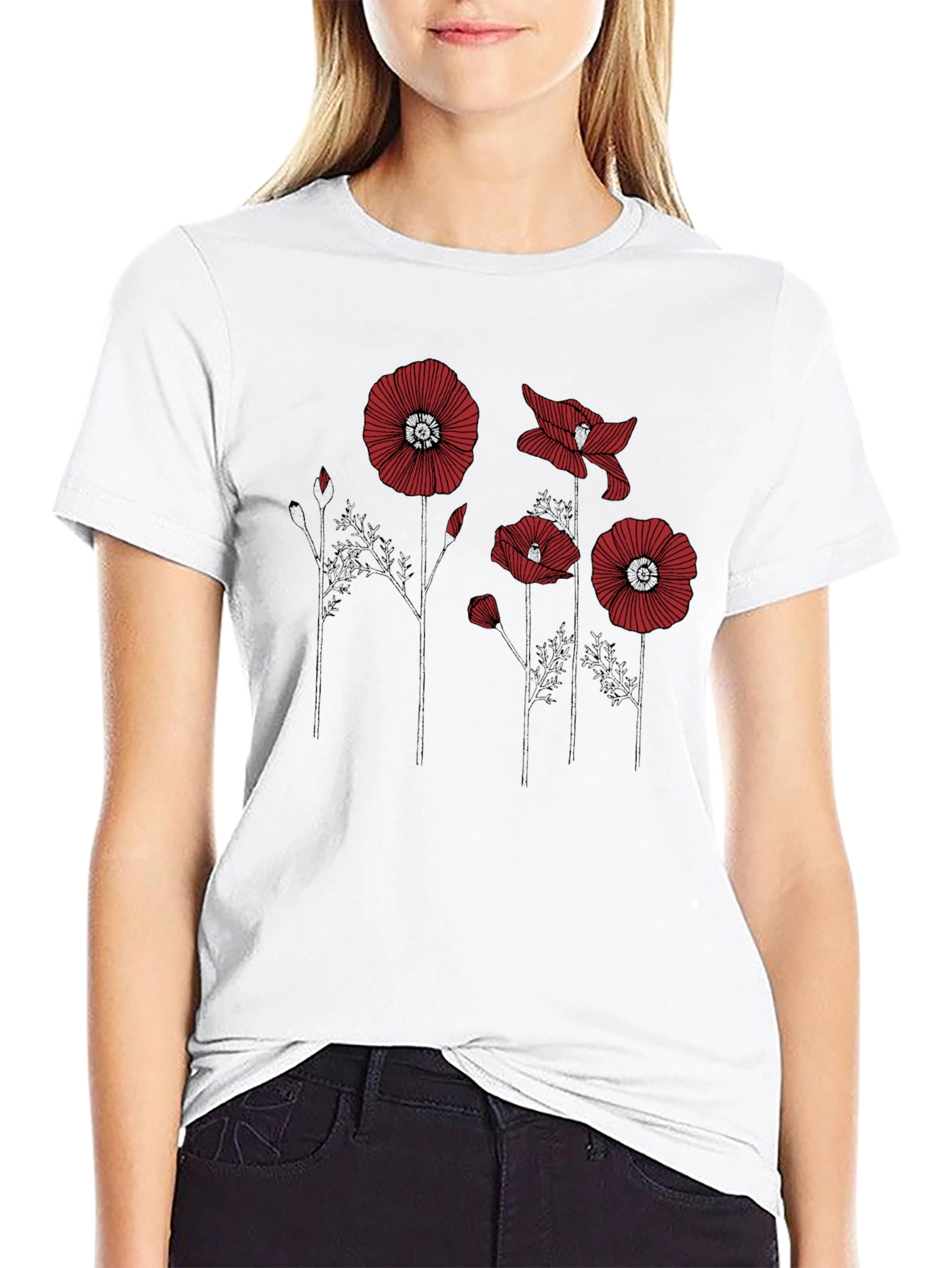 Floral Poppy Print Black T-Shirt
