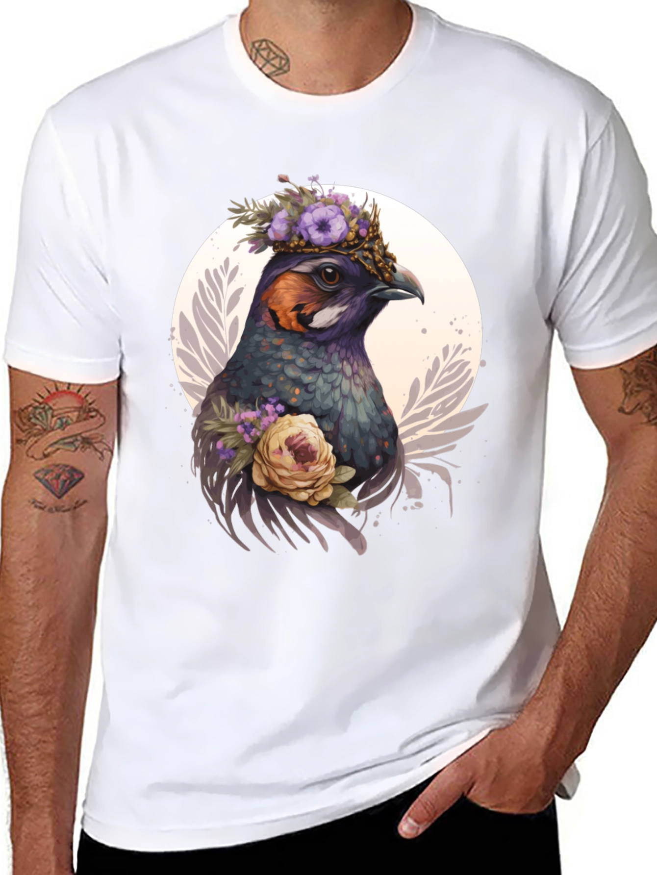 Floral Bird Graphic Tee - Unique Nature Design