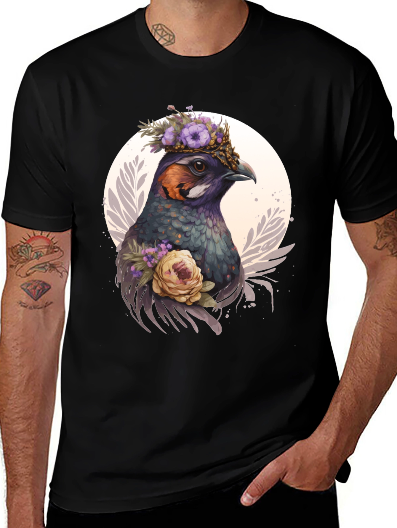 Floral Bird Graphic Tee - Unique Nature Design
