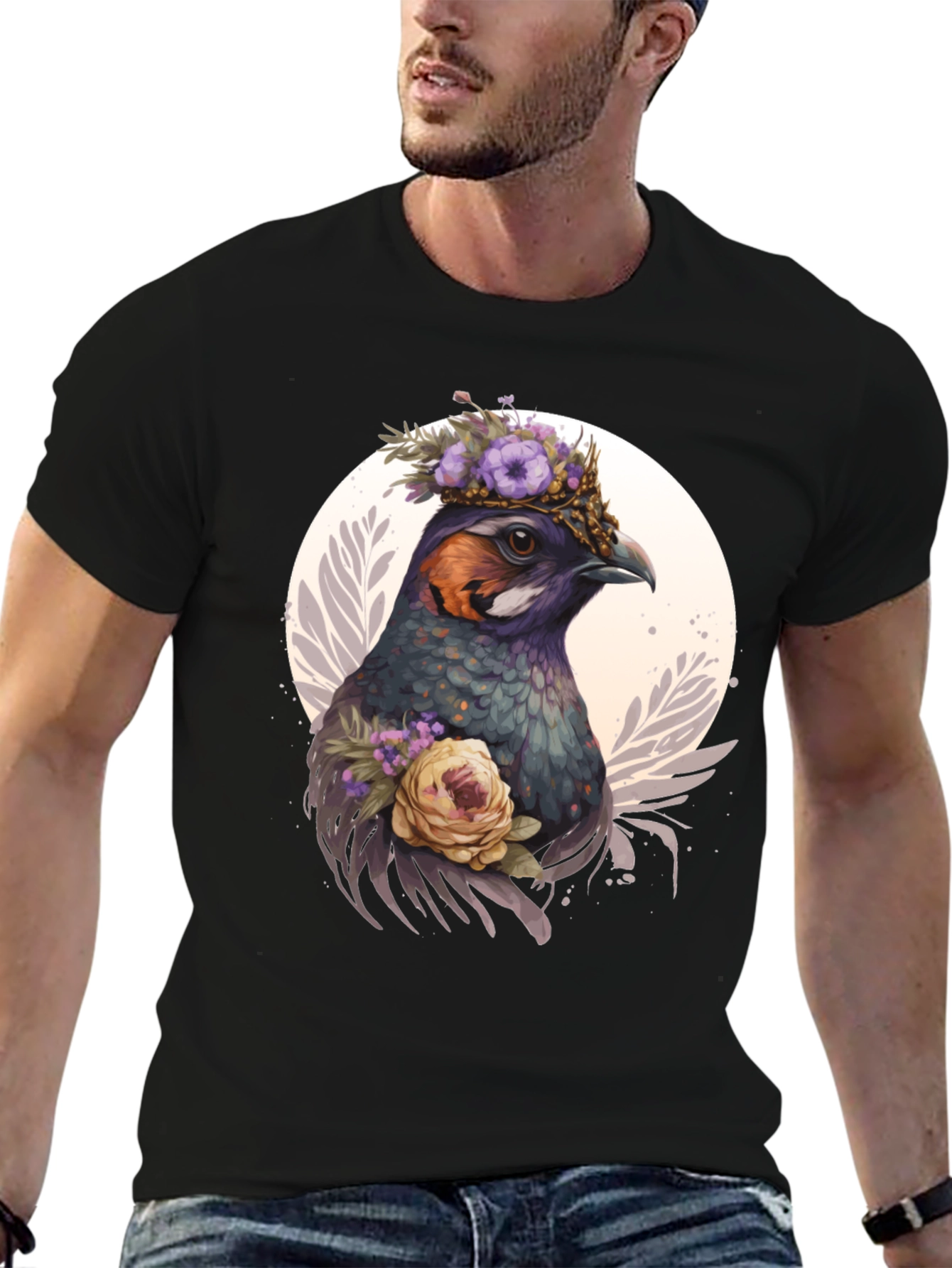 Floral Bird Graphic Tee - Unique Nature Design