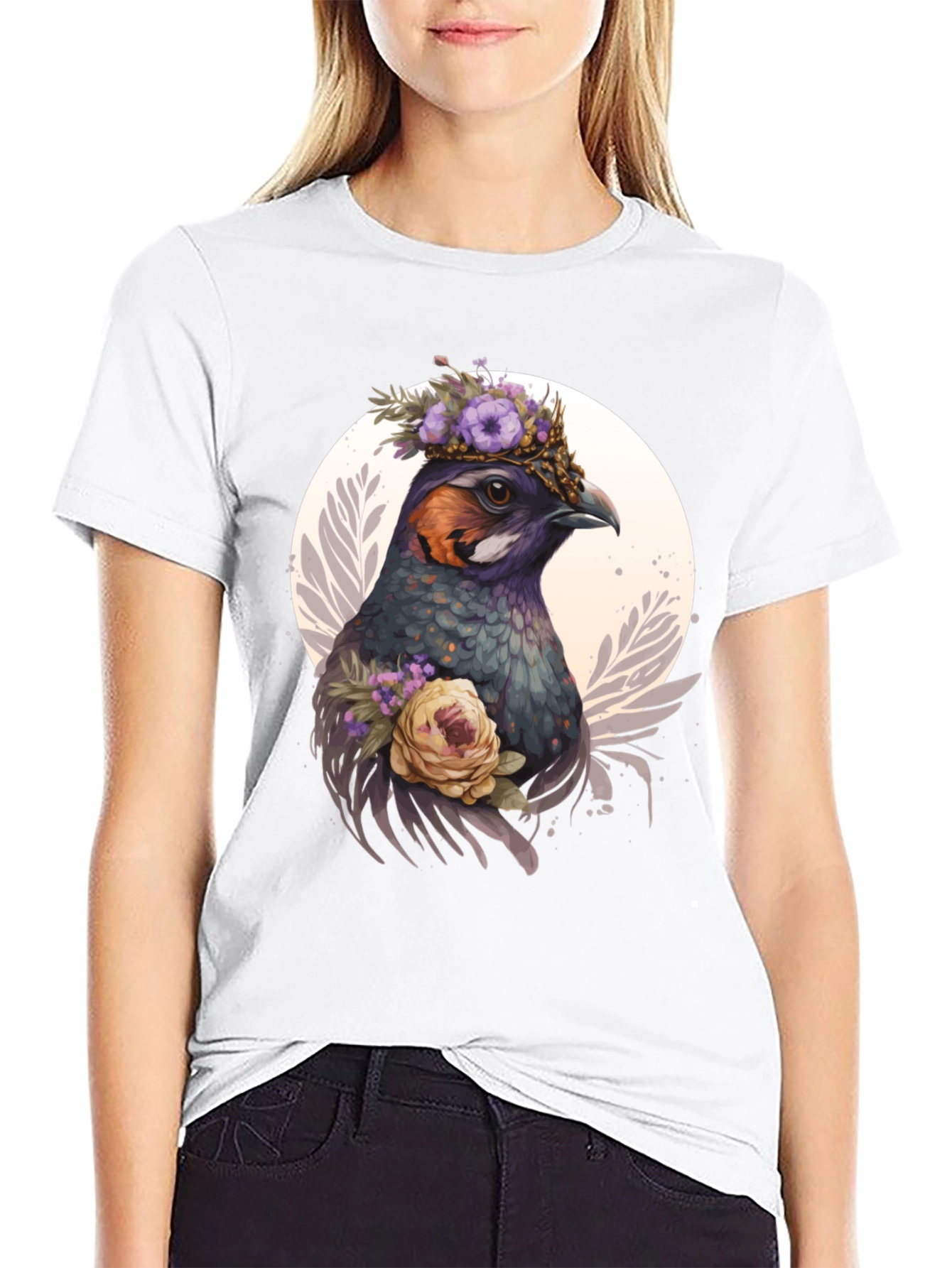 Floral Bird Graphic Tee - Unique Nature Design