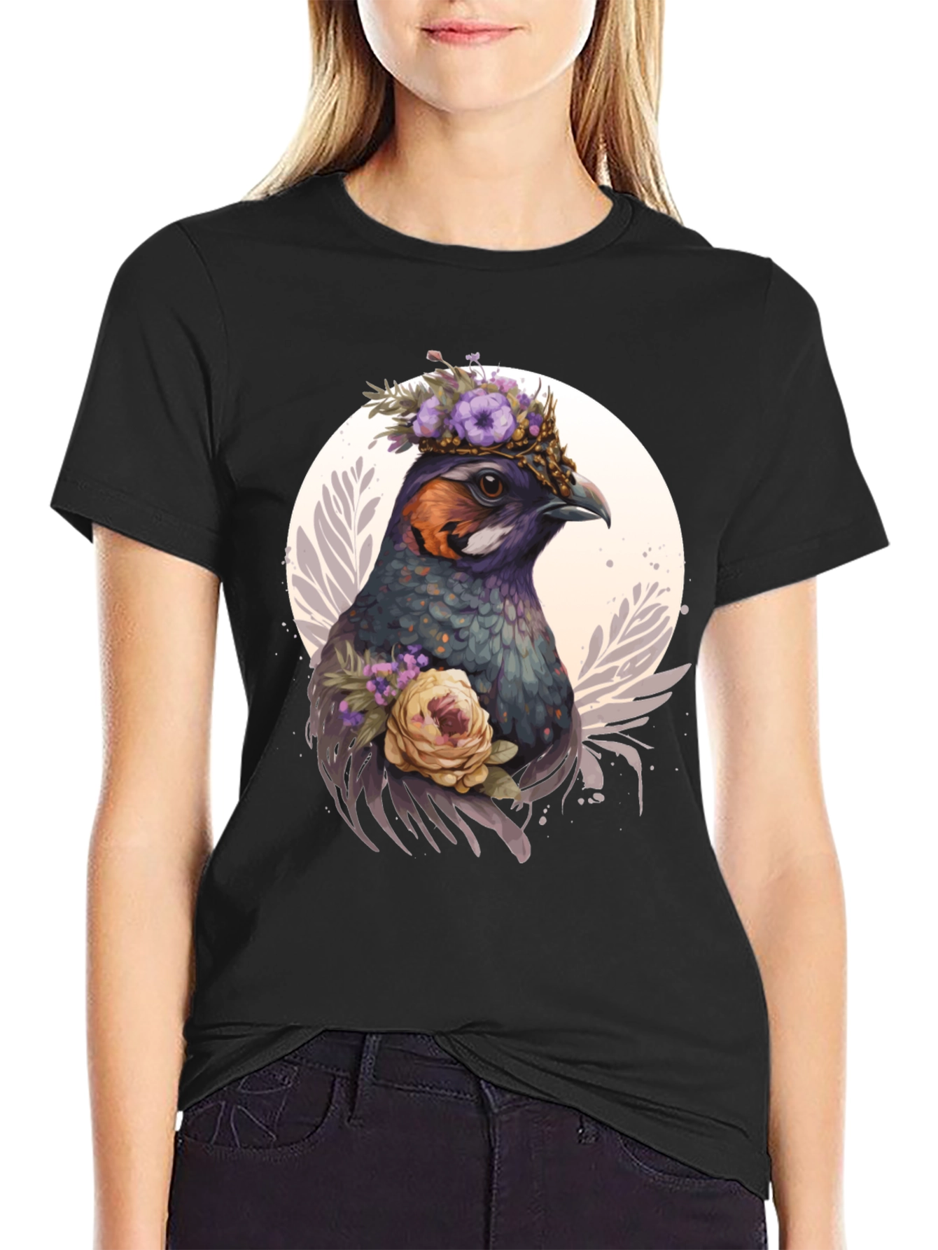 Floral Bird Graphic Tee - Unique Nature Design