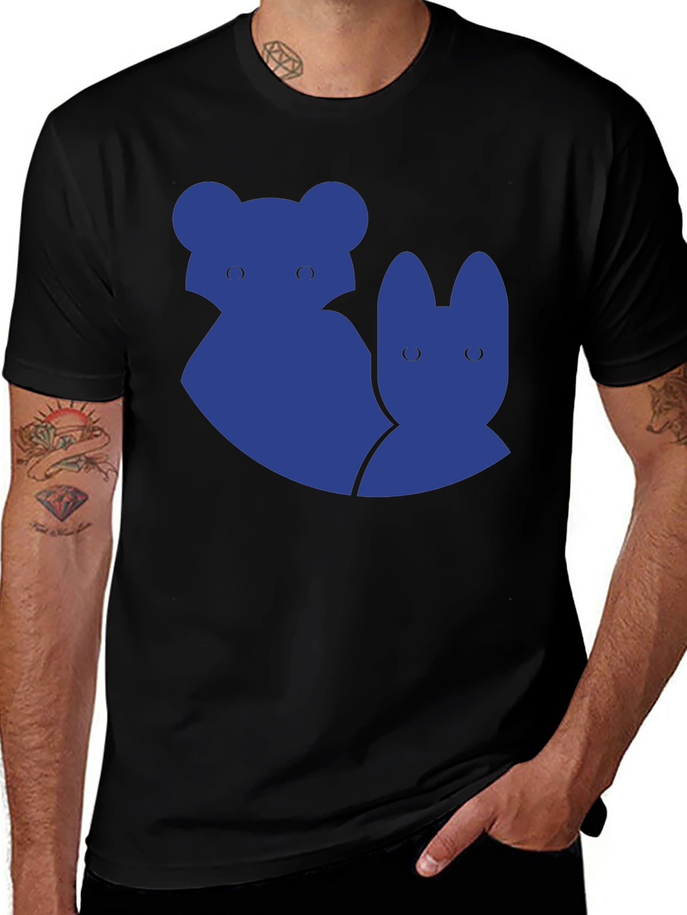 Unique Blue Animal Graphic Black T-Shirt