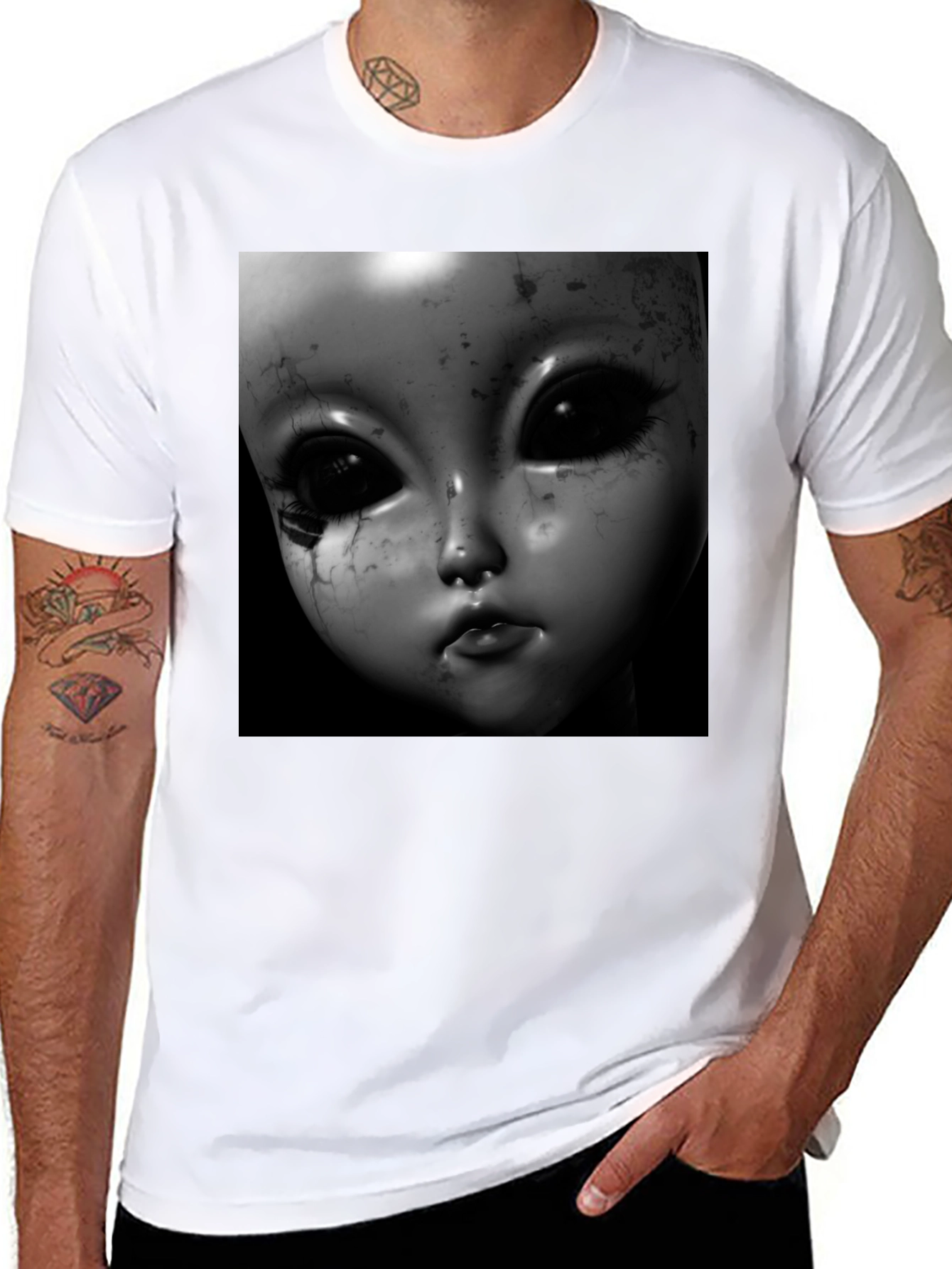 Creepy Doll Face Black T-Shirt