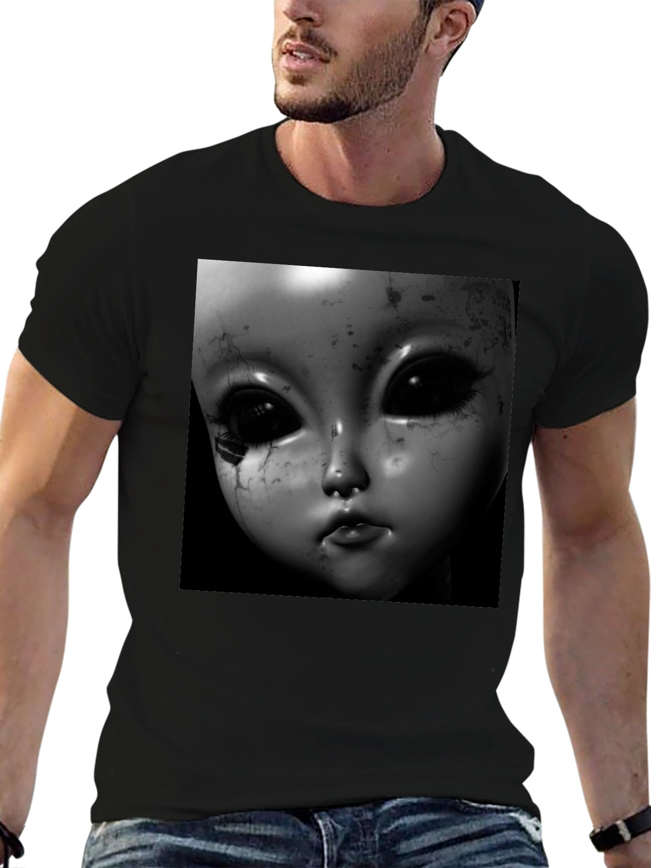Creepy Doll Face Black T-Shirt