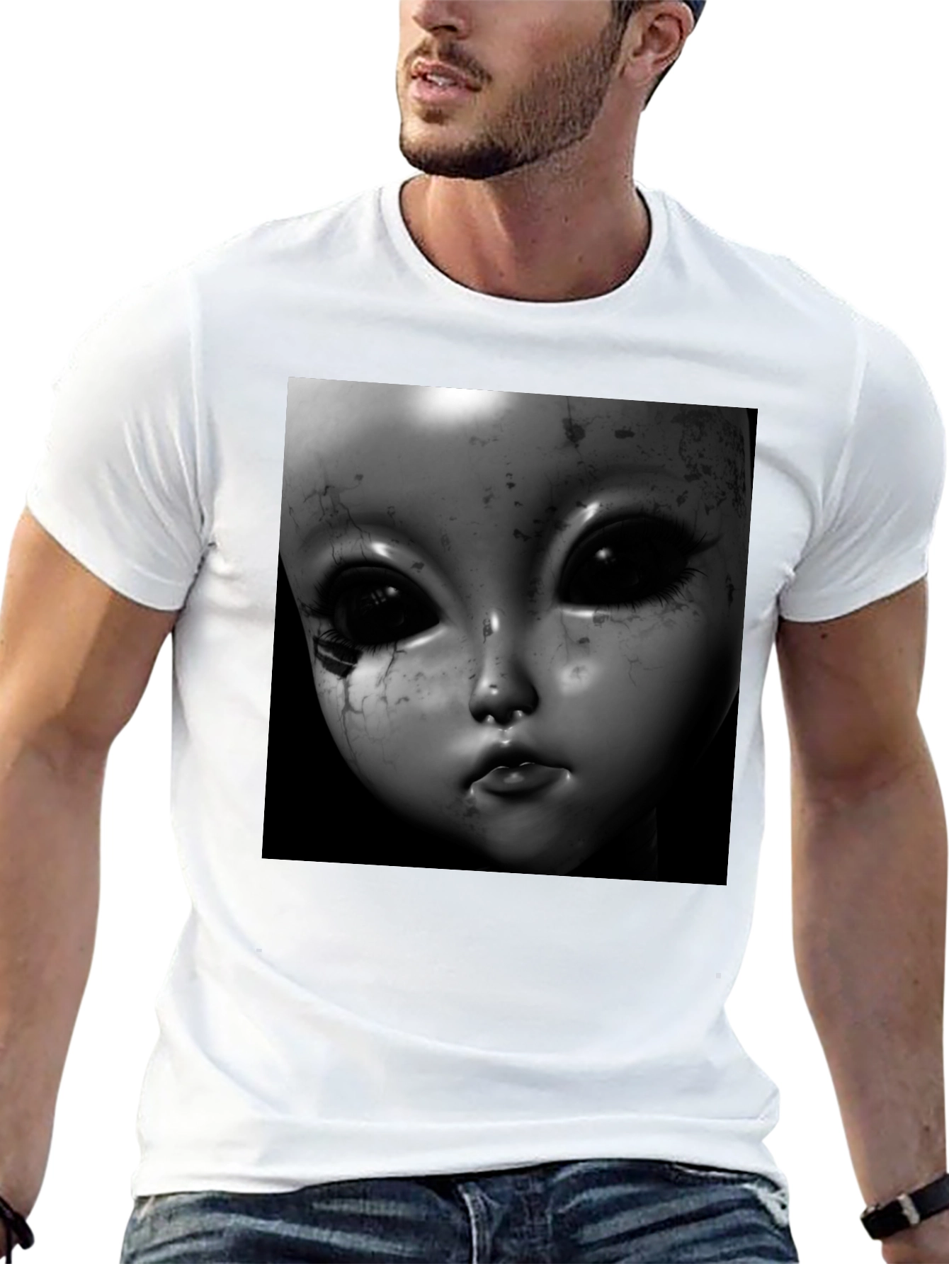 Creepy Doll Face Black T-Shirt