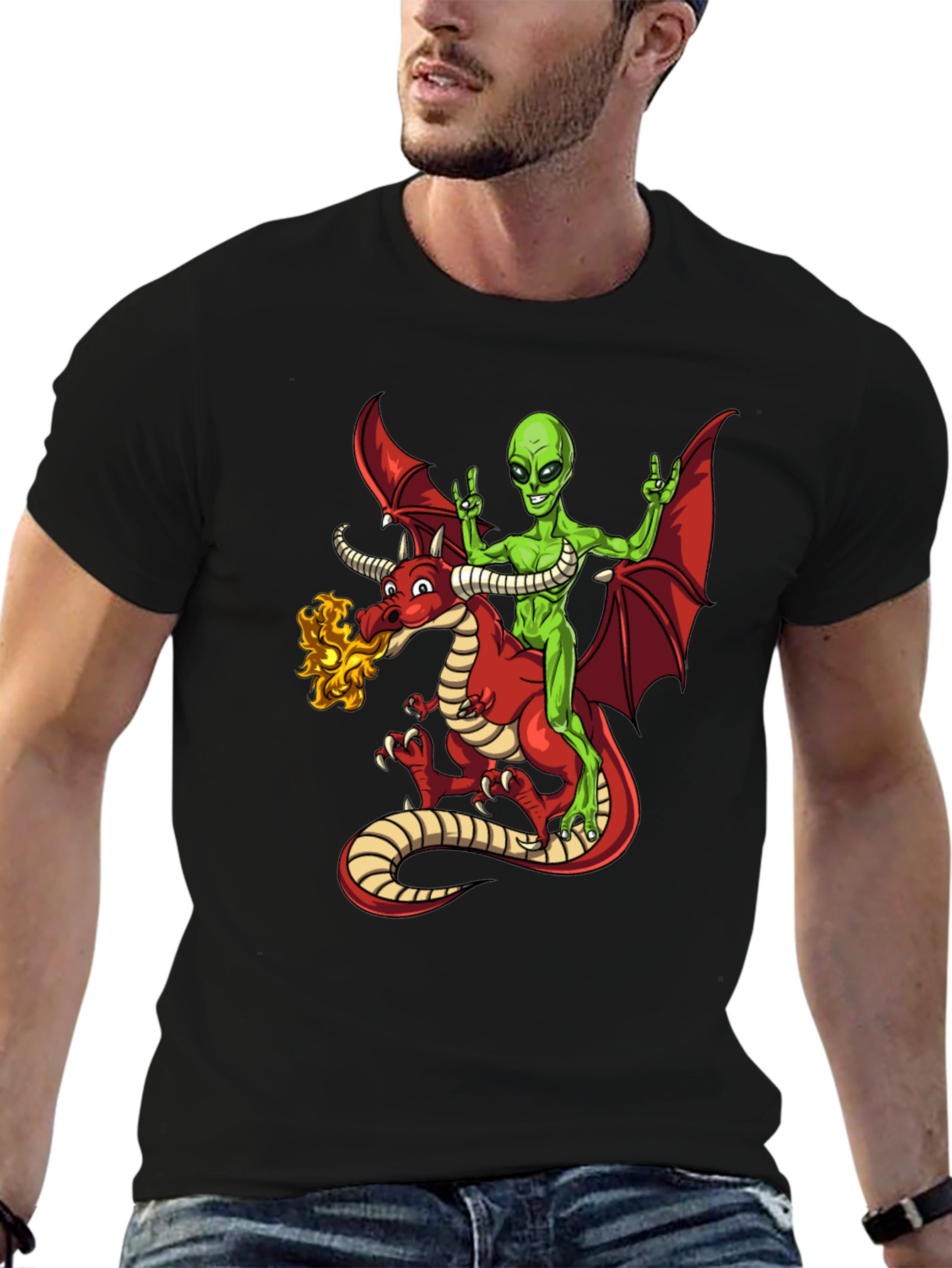 Alien Riding Dragon Graphic T-Shirt