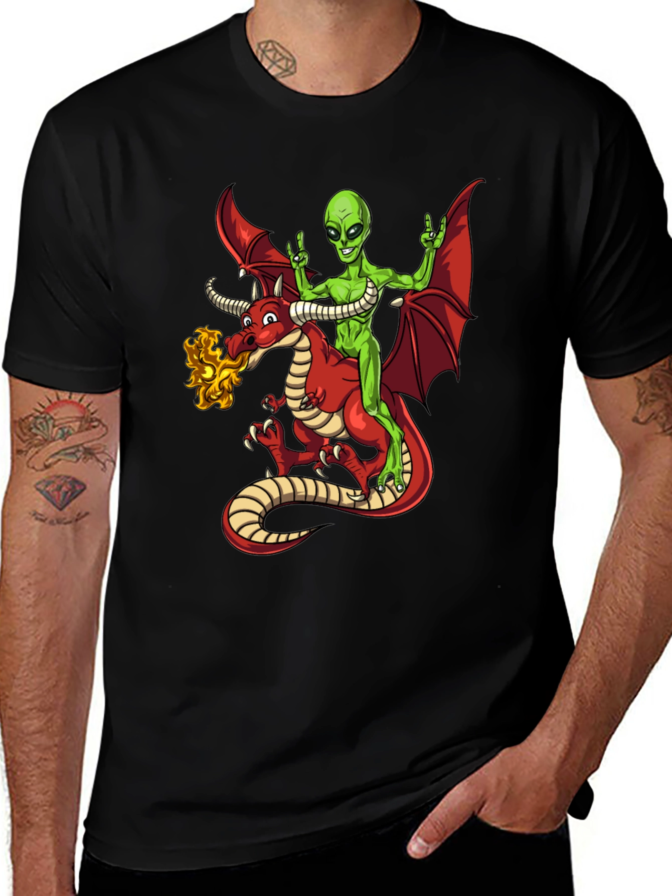 Alien Riding Dragon Graphic T-Shirt