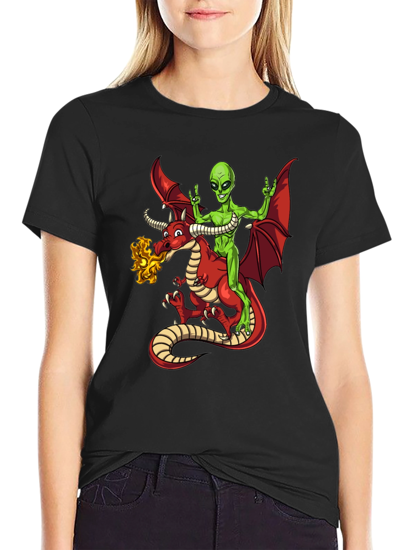 Alien Riding Dragon Graphic T-Shirt
