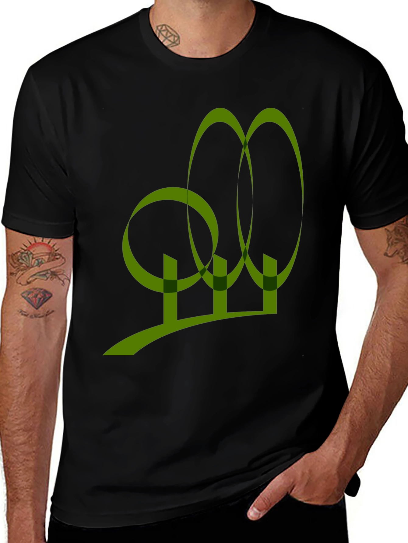 Abstract Olive Green Graphic Print Black T-Shirt
