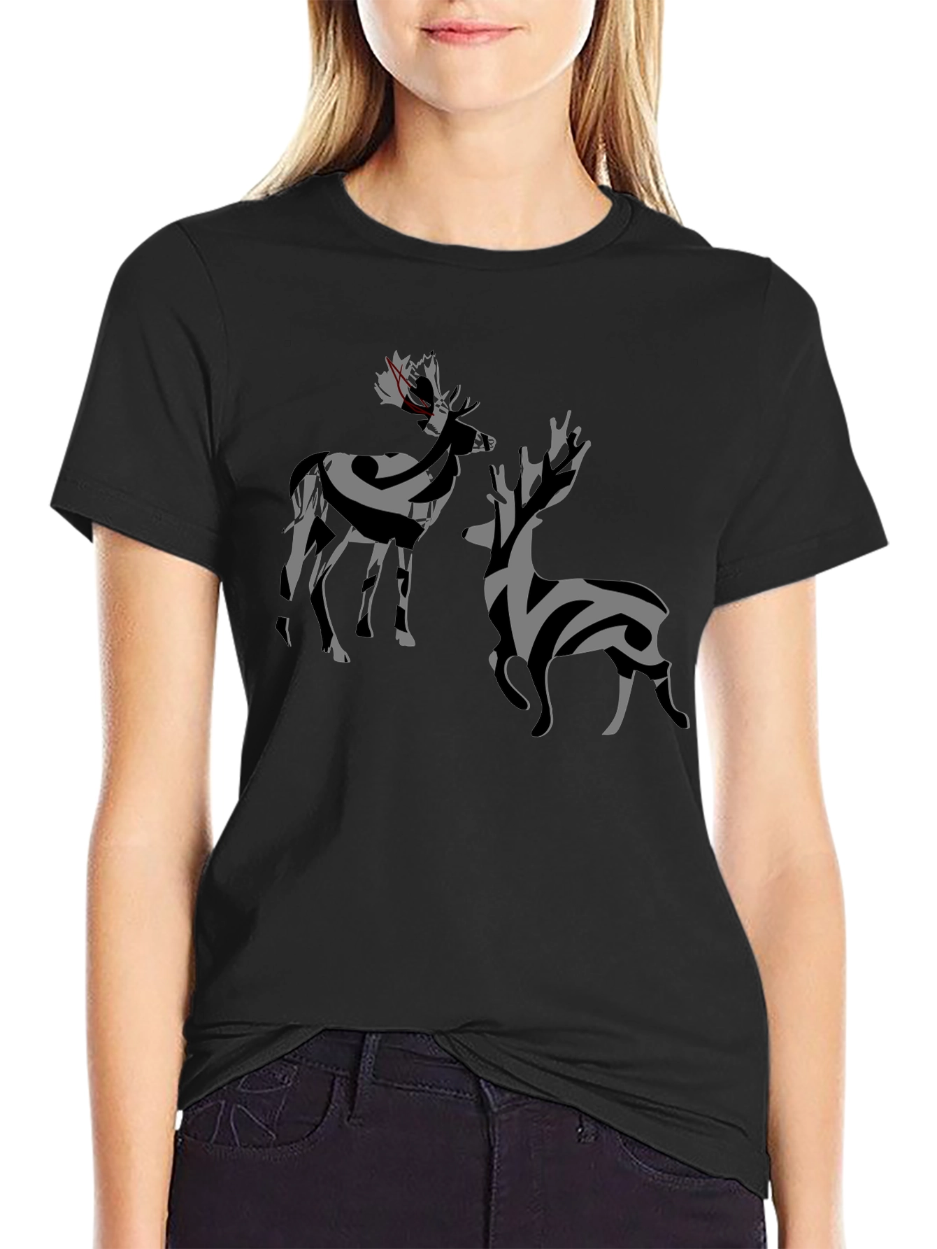 Abstract Deer Graphic Tee - Stylish Black T-Shirt
