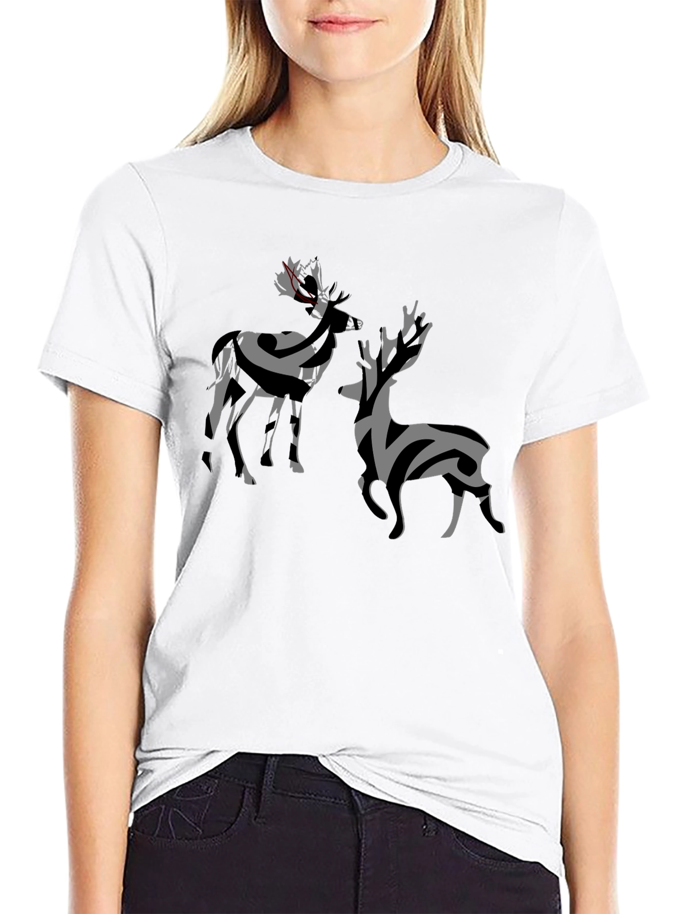 Abstract Deer Graphic Tee - Stylish Black T-Shirt