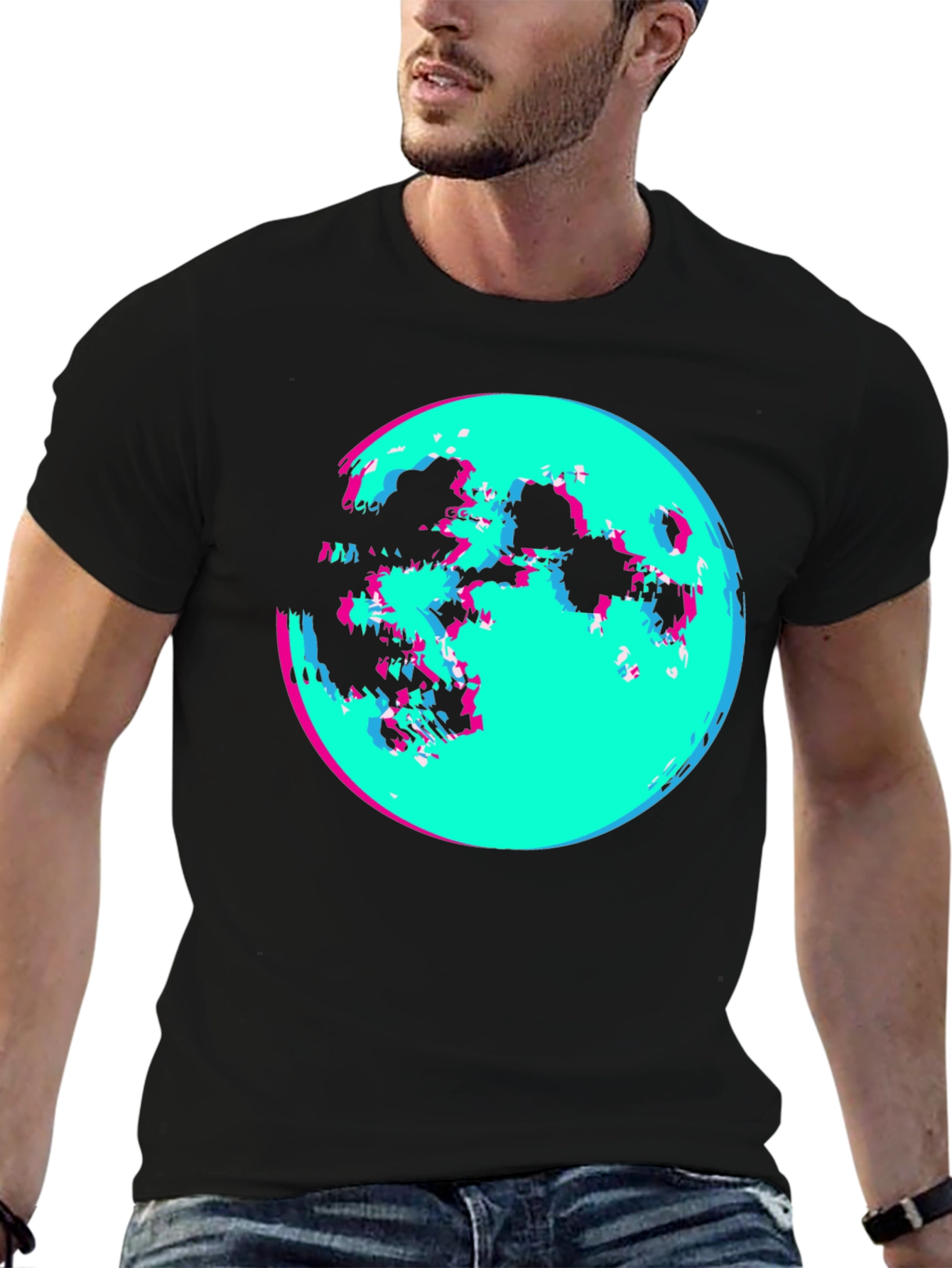 Vaporwave Moon Graphic Tee - Black Cotton Shirt