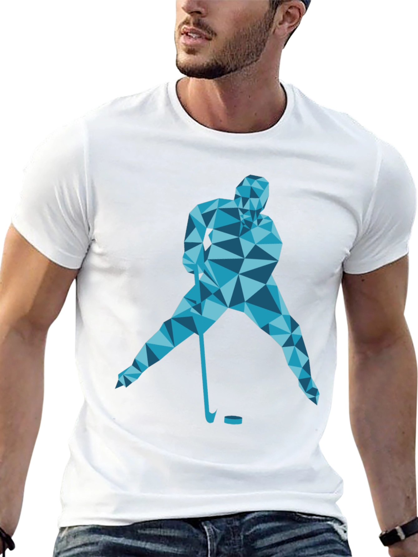 Geometric Hockey Player Graphic T-Shirt - Black