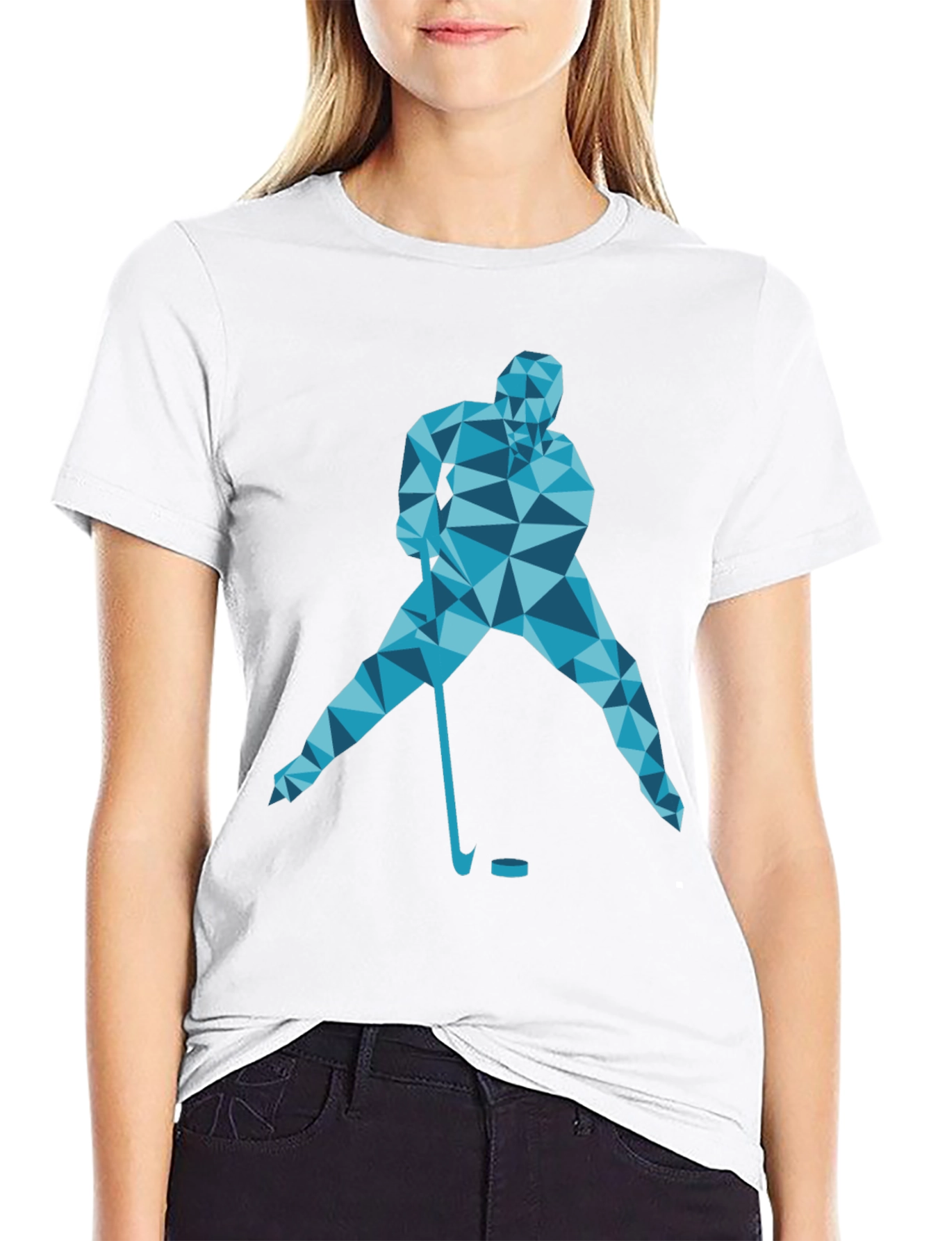 Geometric Hockey Player Graphic T-Shirt - Black