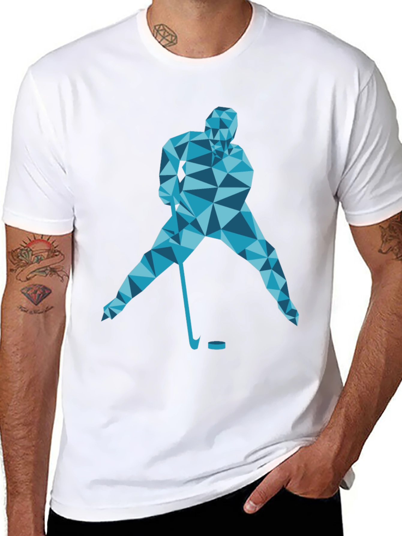 Geometric Hockey Player Graphic T-Shirt - Black
