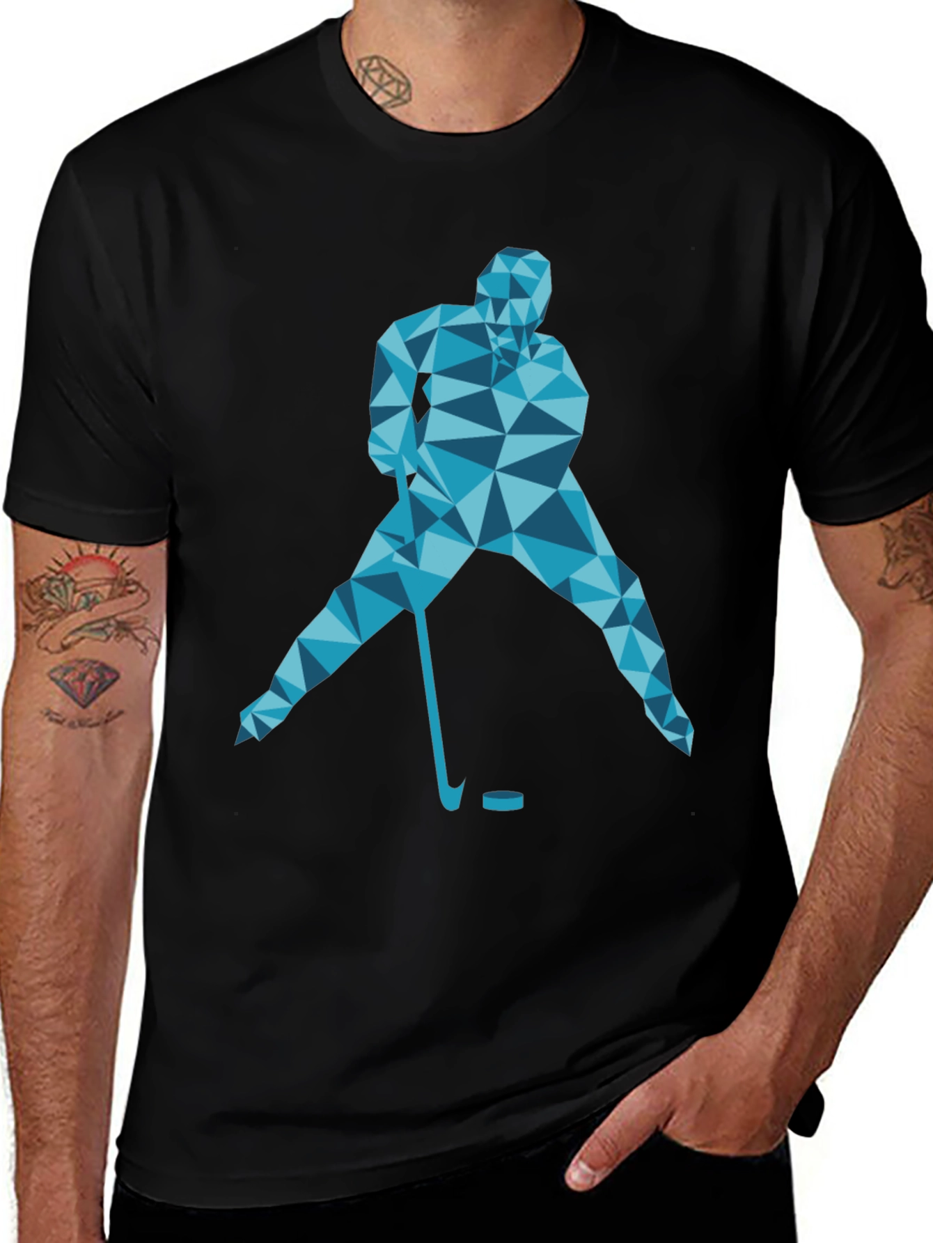 Geometric Hockey Player Graphic T-Shirt - Black