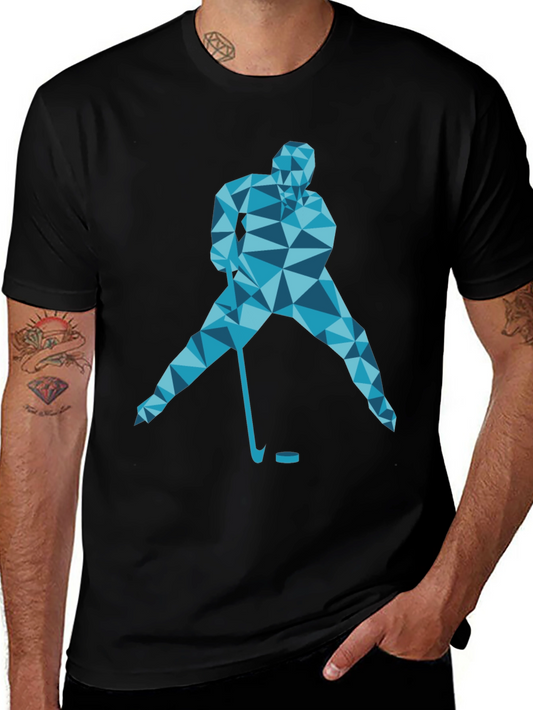 Geometric Hockey Player Graphic T-Shirt - Black