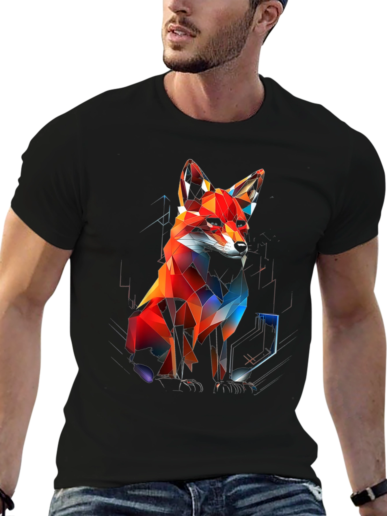 Geometric Fox Graphic Black T-Shirt