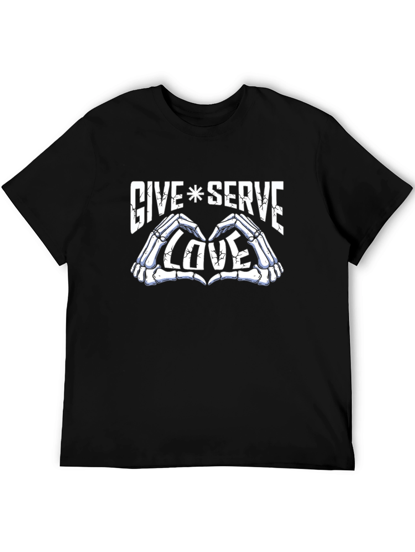 Give Serve Love Skeleton Hand Heart Graphic Black T-Shirt