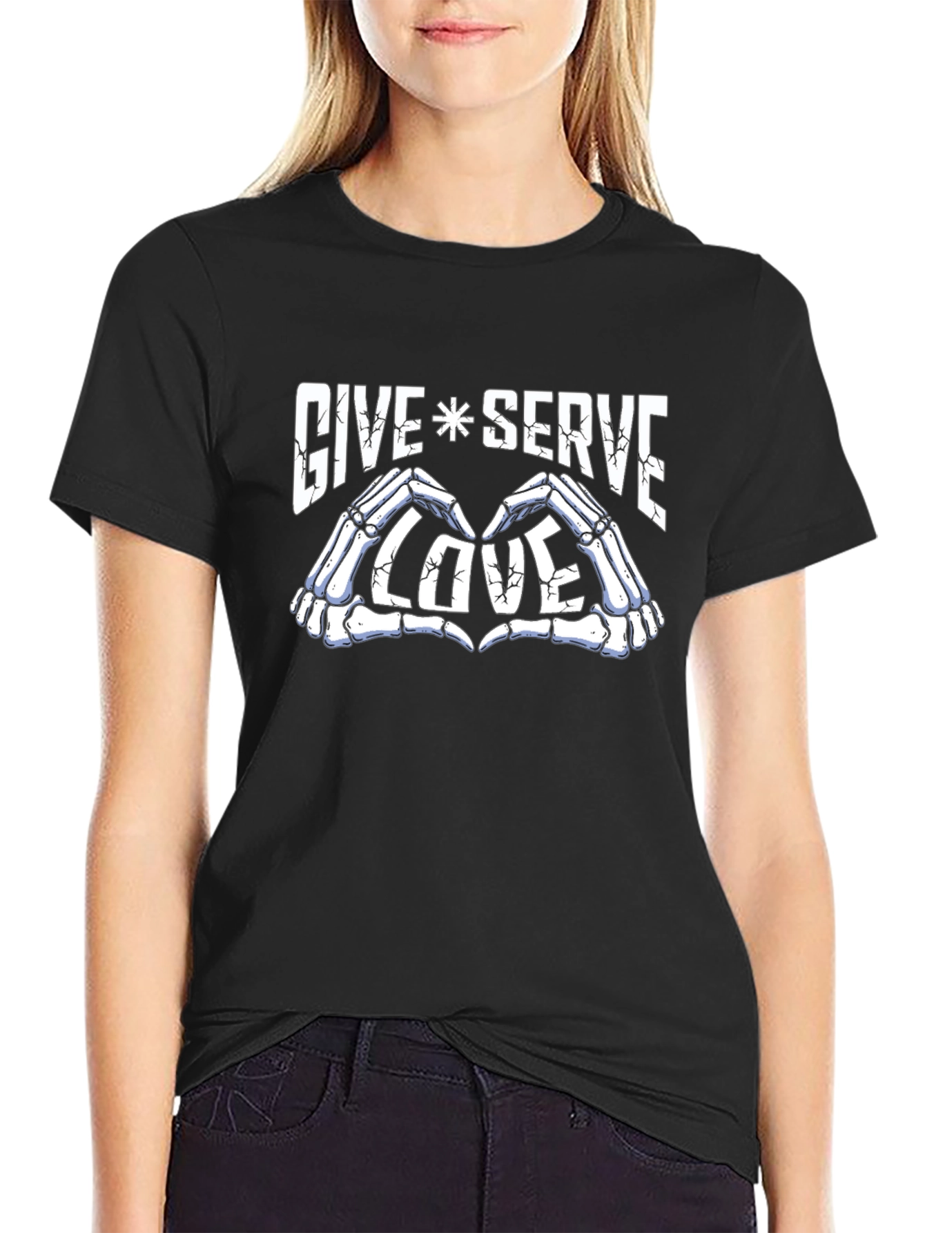 Give Serve Love Skeleton Hand Heart Graphic Black T-Shirt