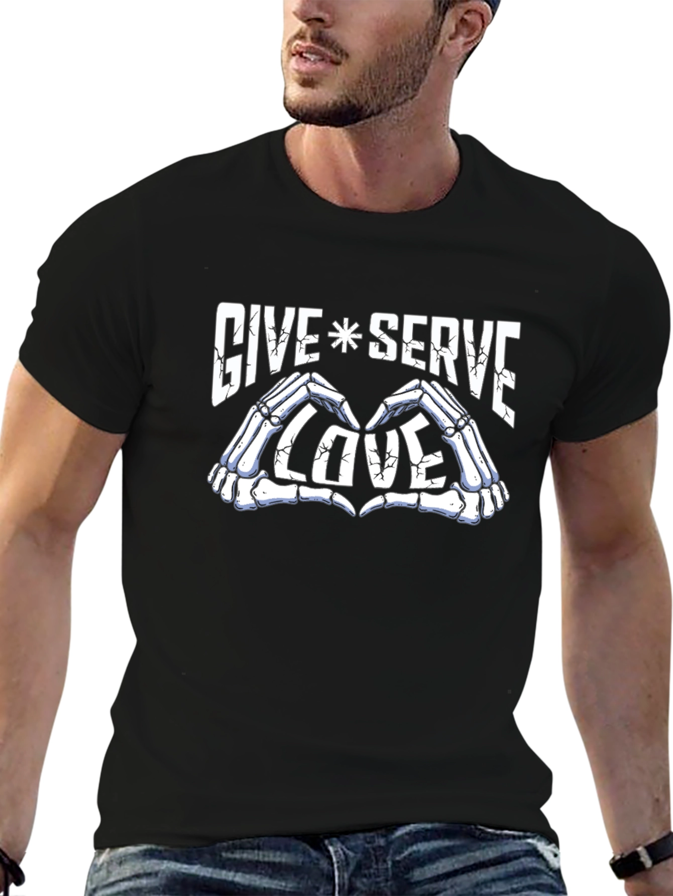 Give Serve Love Skeleton Hand Heart Graphic Black T-Shirt