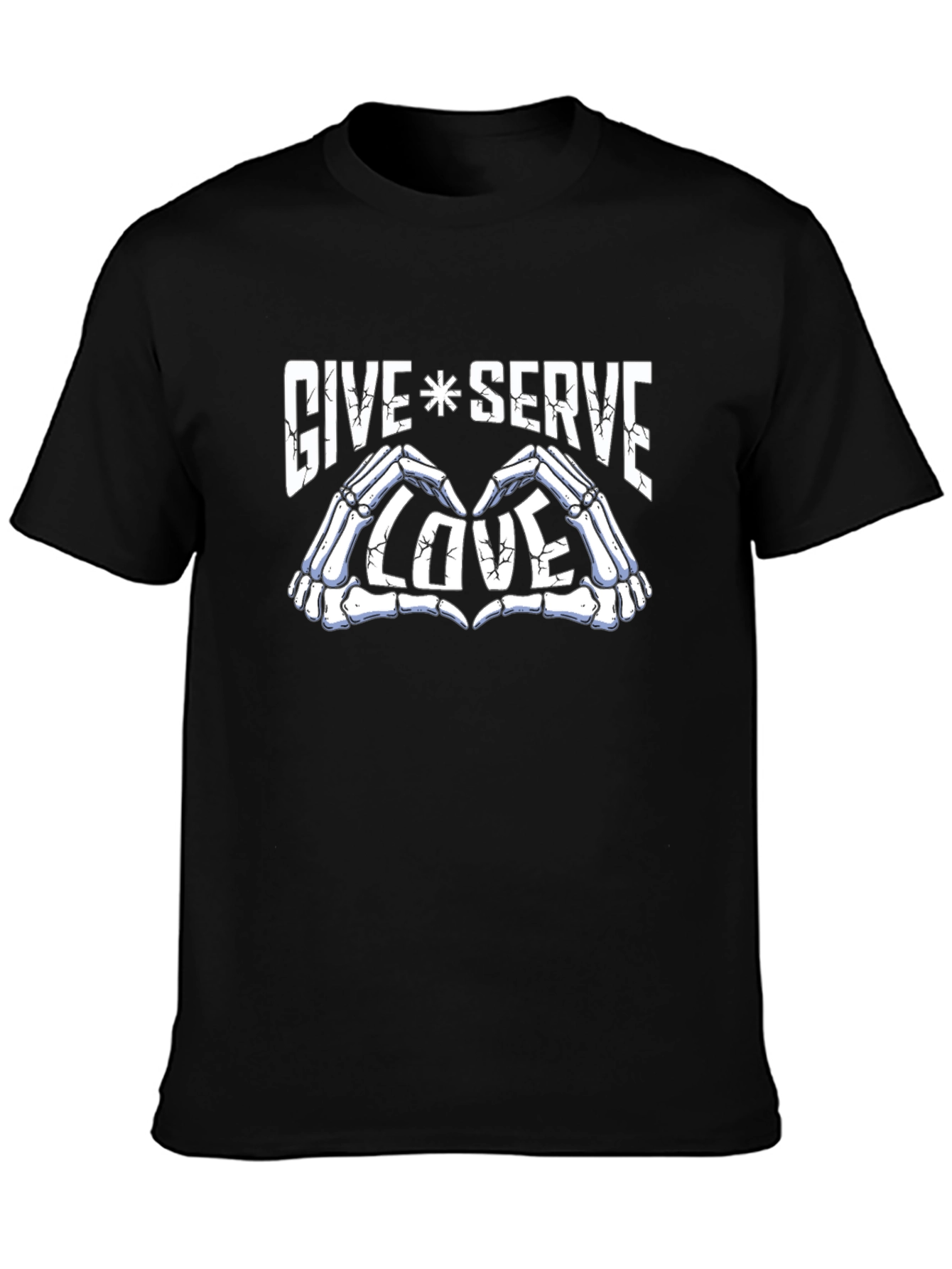 Give Serve Love Skeleton Hand Heart Graphic Black T-Shirt