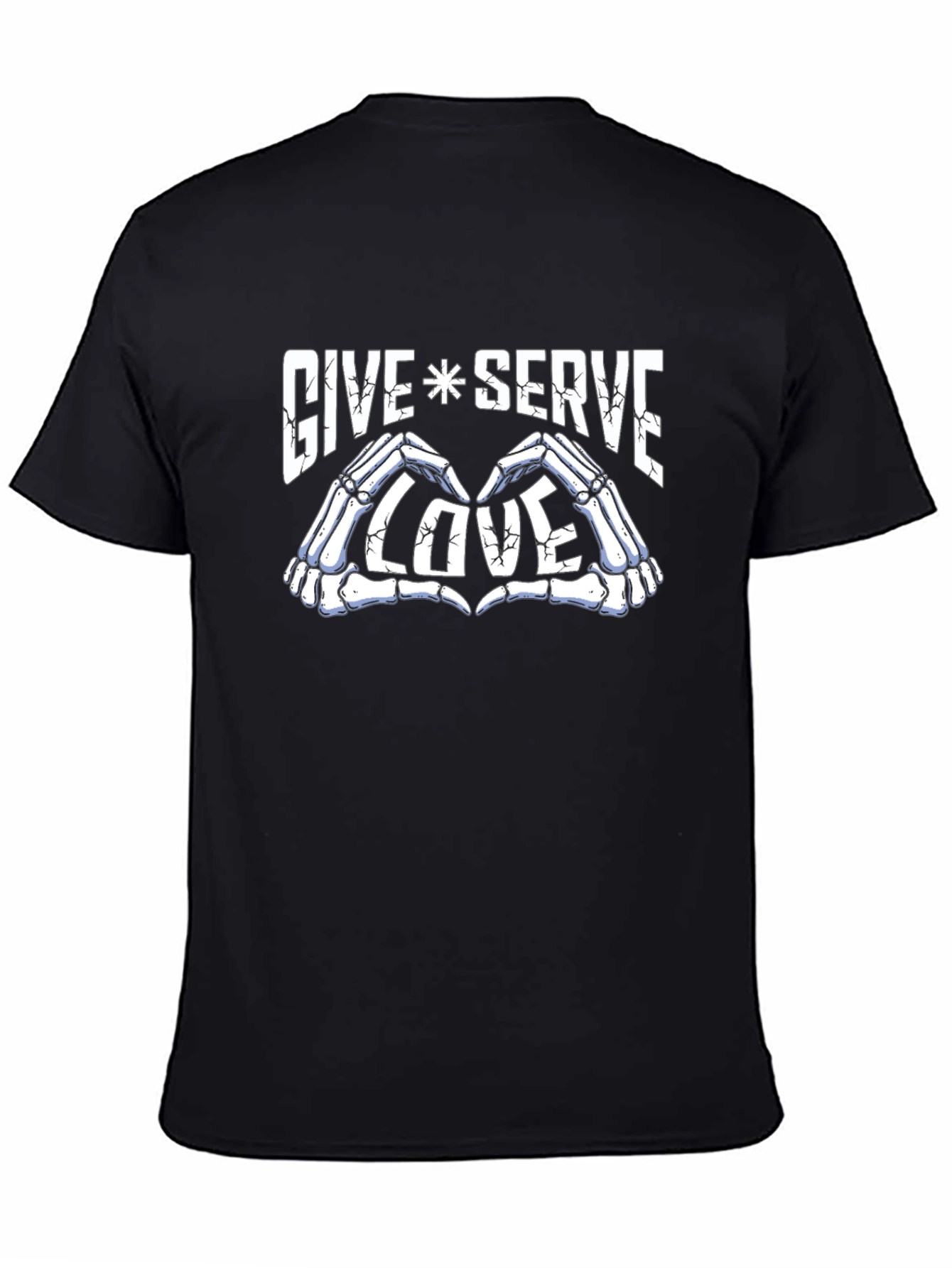 Give Serve Love Skeleton Hand Heart Graphic Black T-Shirt