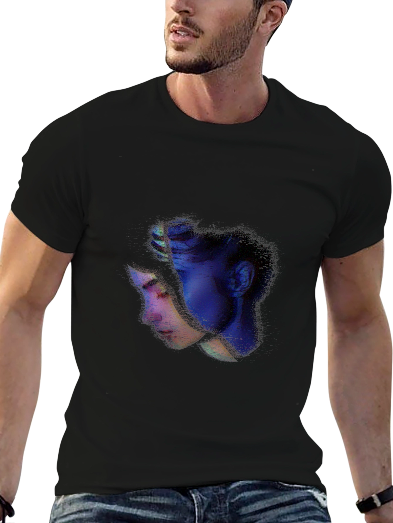 Abstract Face Graphic Tee - Casual Black T-Shirt