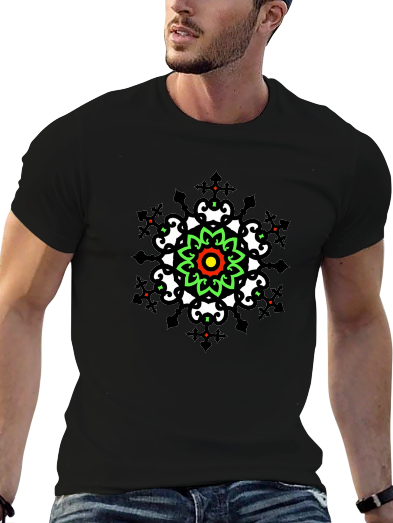 Geometric Mandala Print Black T-Shirt