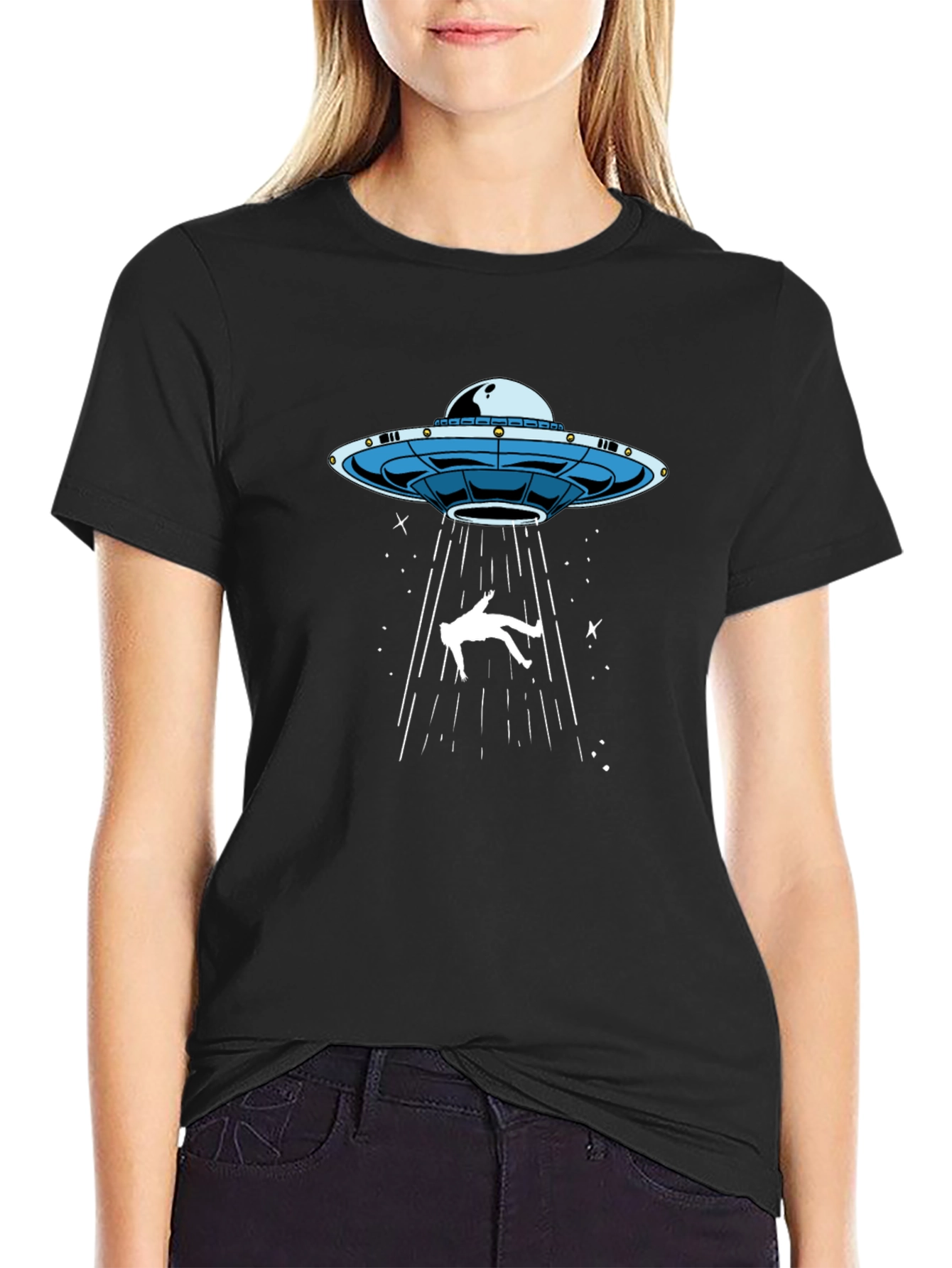 UFO Abduction Graphic Tee - Black Cotton T-Shirt