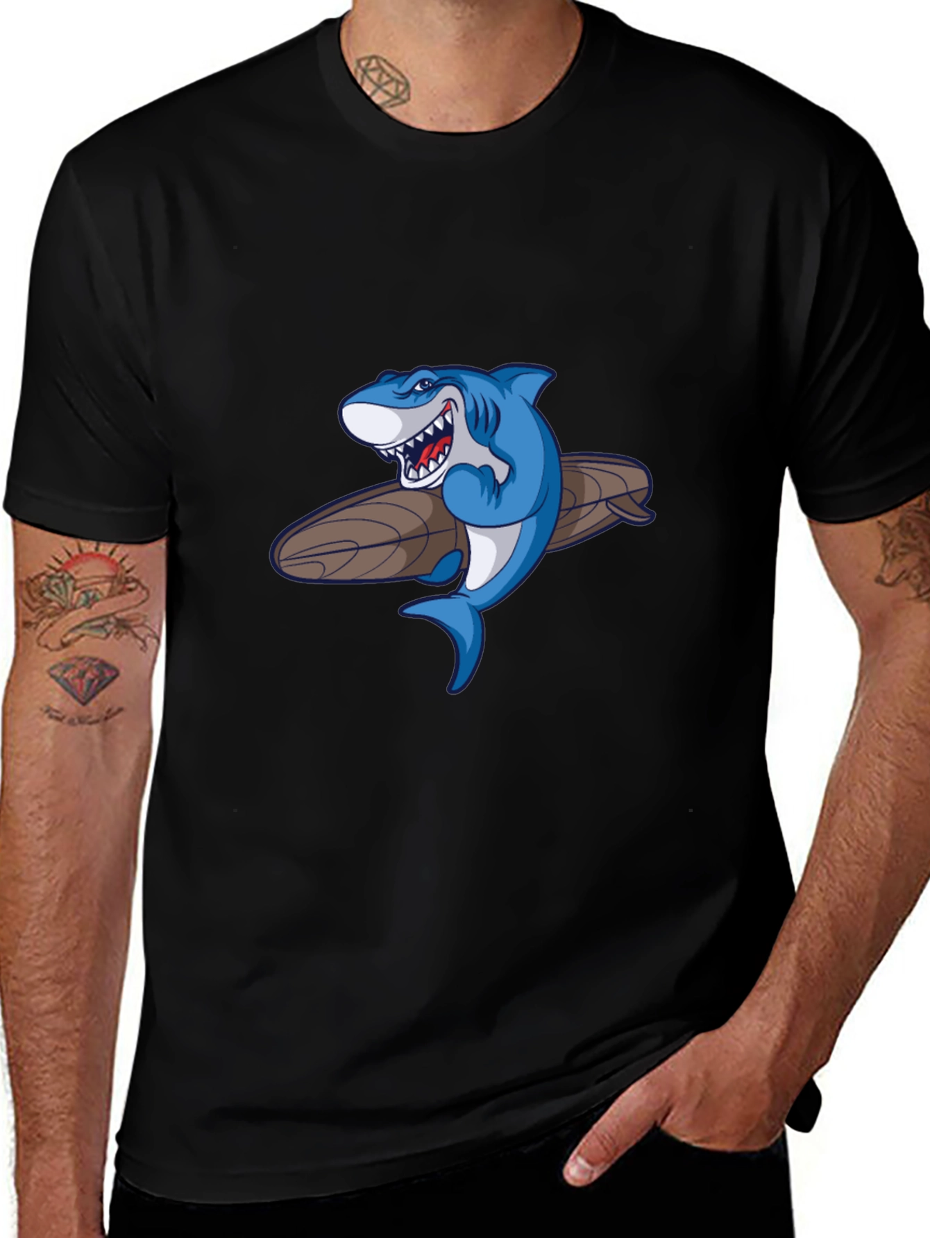 Shark Surfboard Graphic Tee - Casual Black T-Shirt