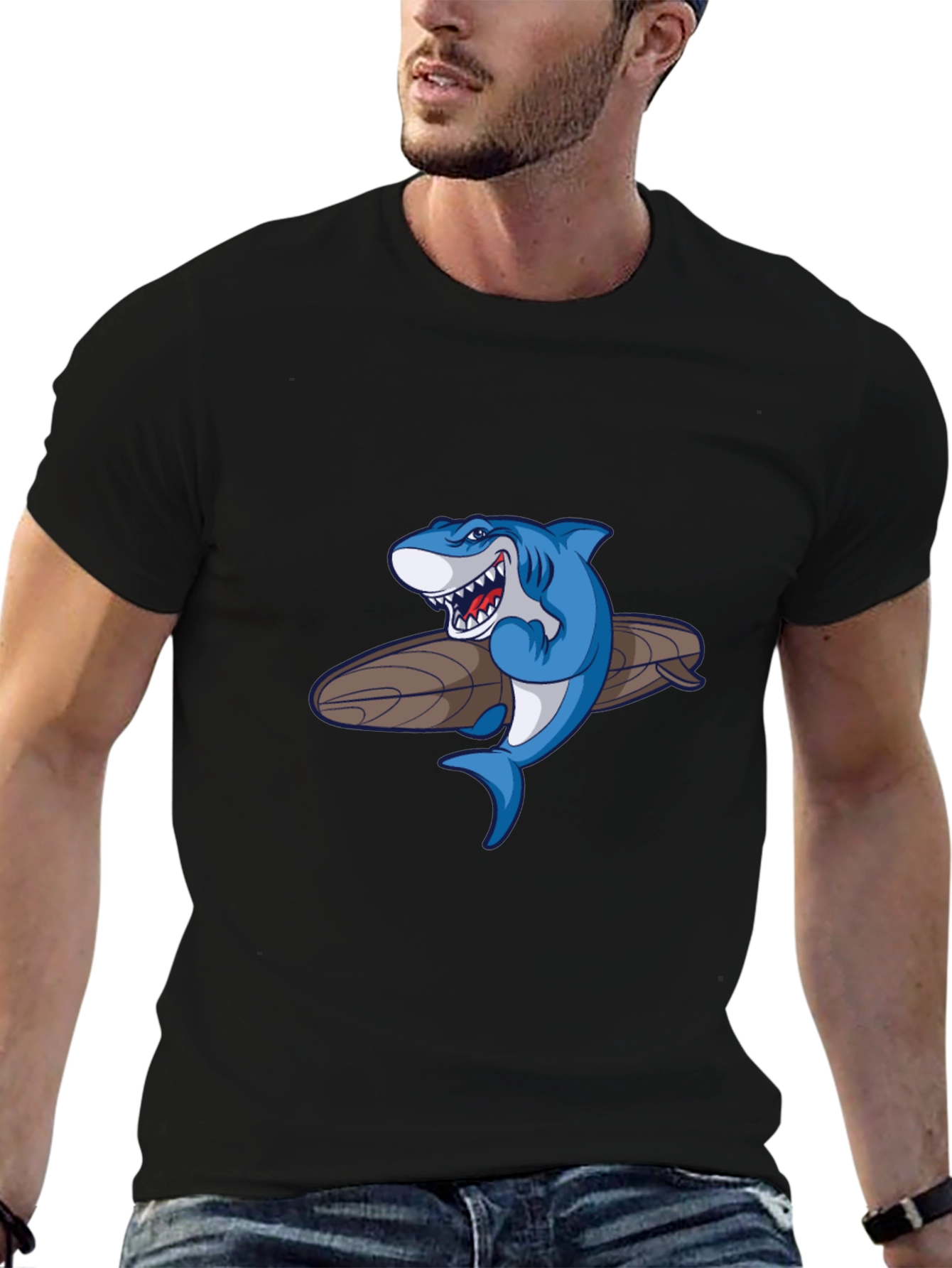 Shark Surfboard Graphic Tee - Casual Black T-Shirt