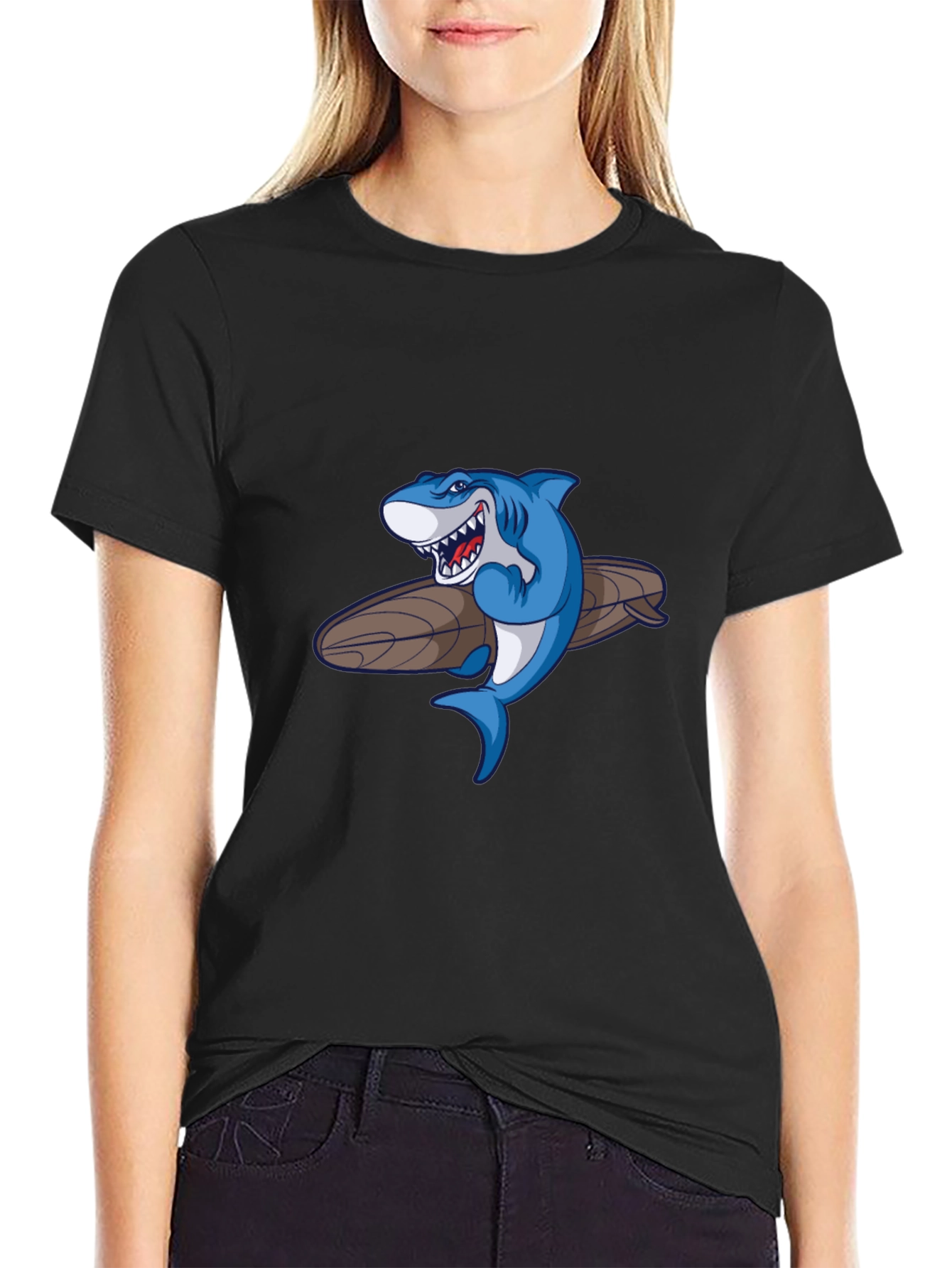 Shark Surfboard Graphic Tee - Casual Black T-Shirt