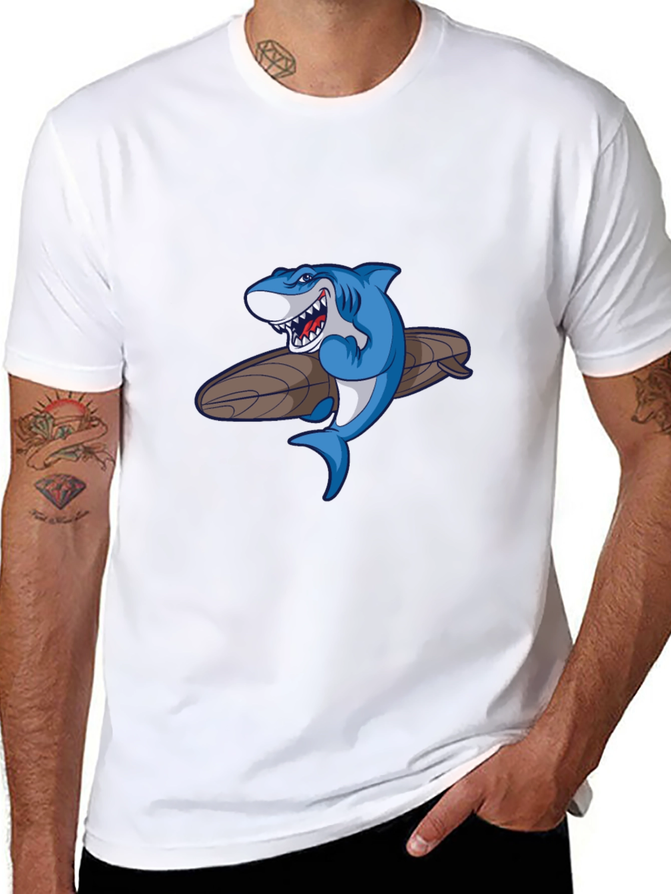 Shark Surfboard Graphic Tee - Casual Black T-Shirt
