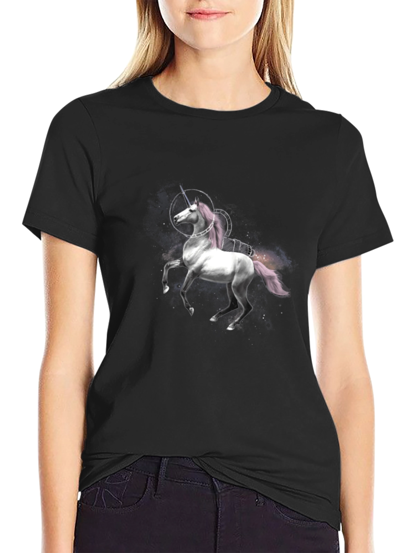 Unicorn Space Rocket Graphic Black T-Shirt