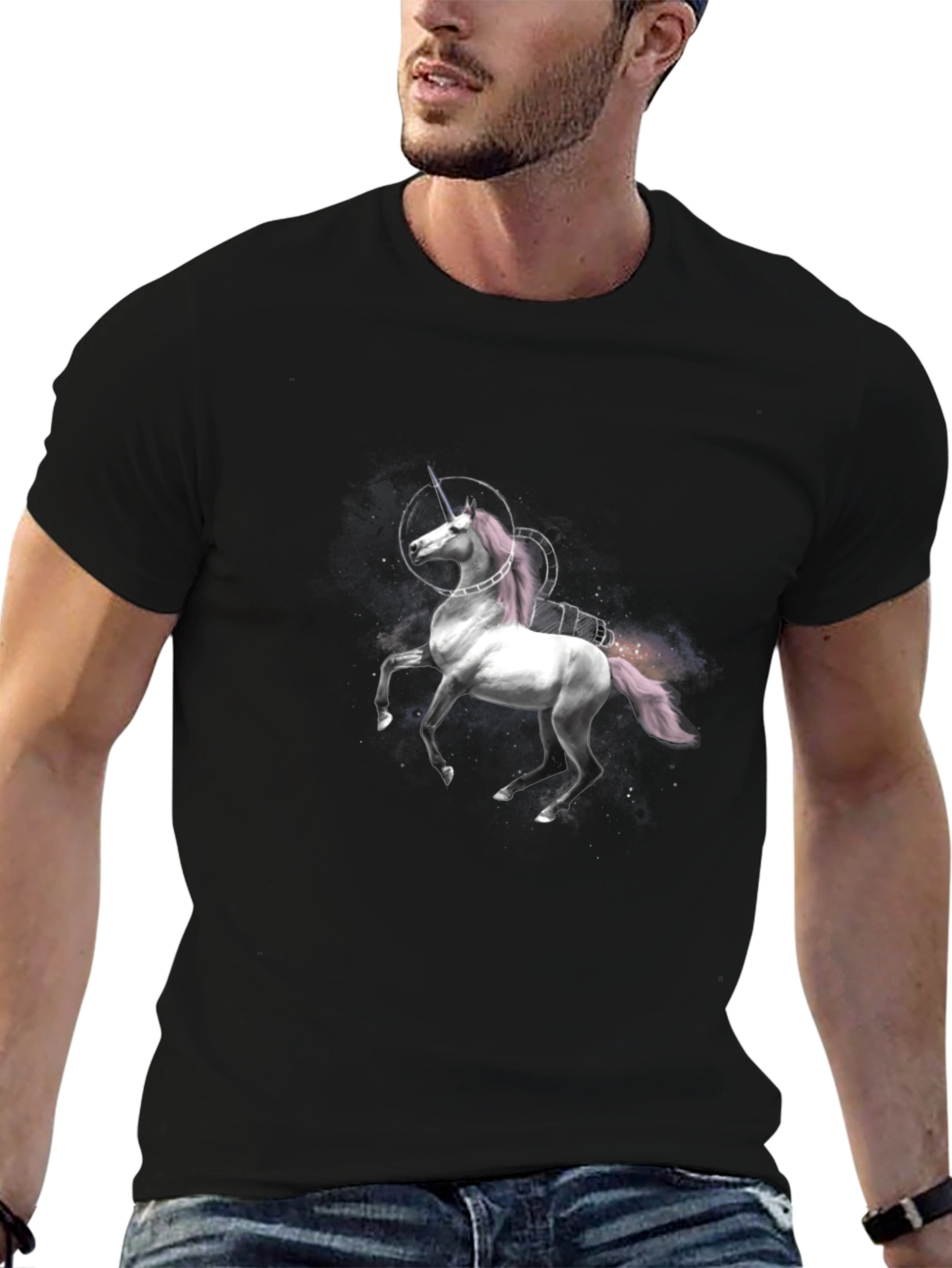 Unicorn Space Rocket Graphic Black T-Shirt