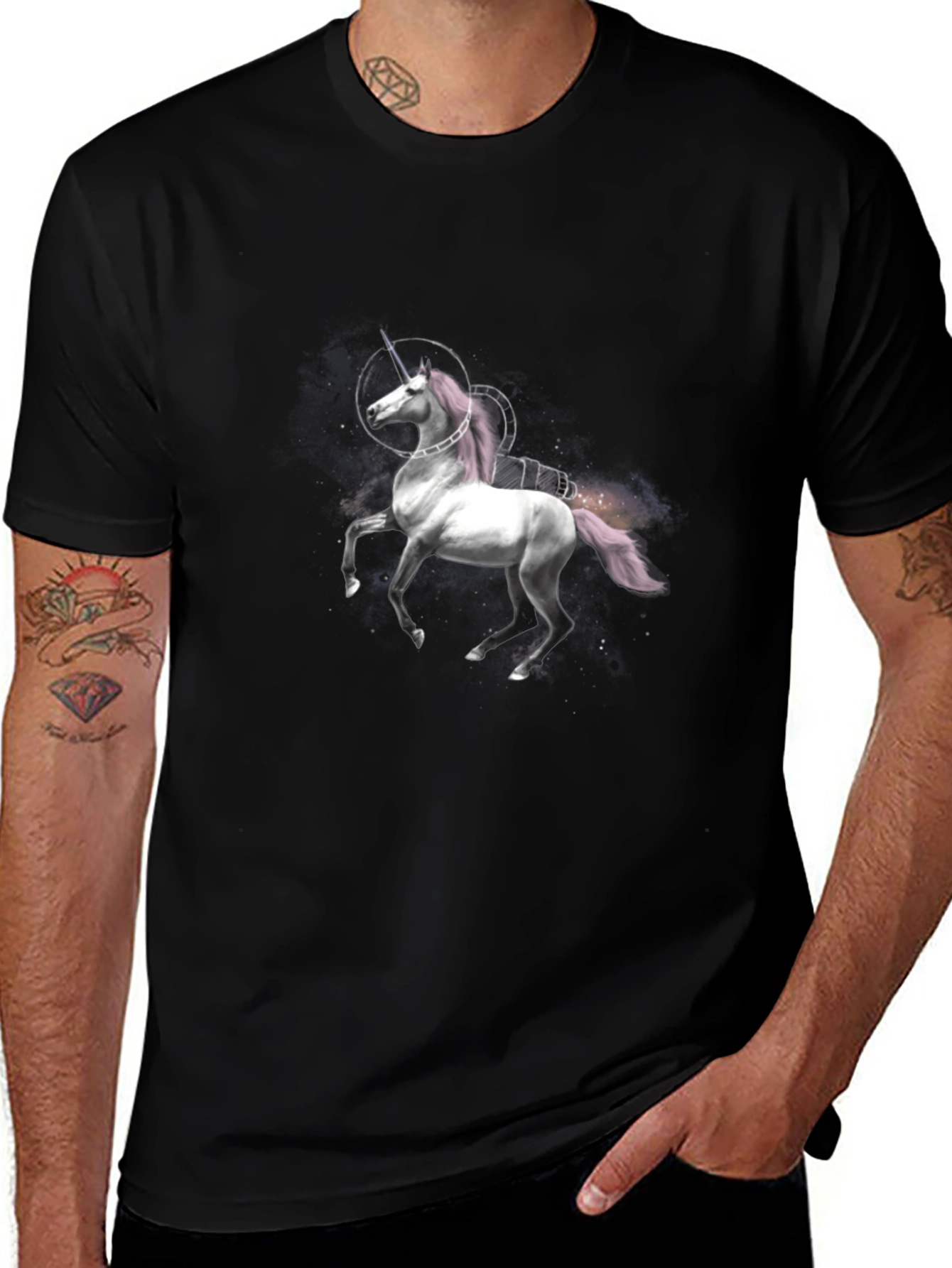 Unicorn Space Rocket Graphic Black T-Shirt