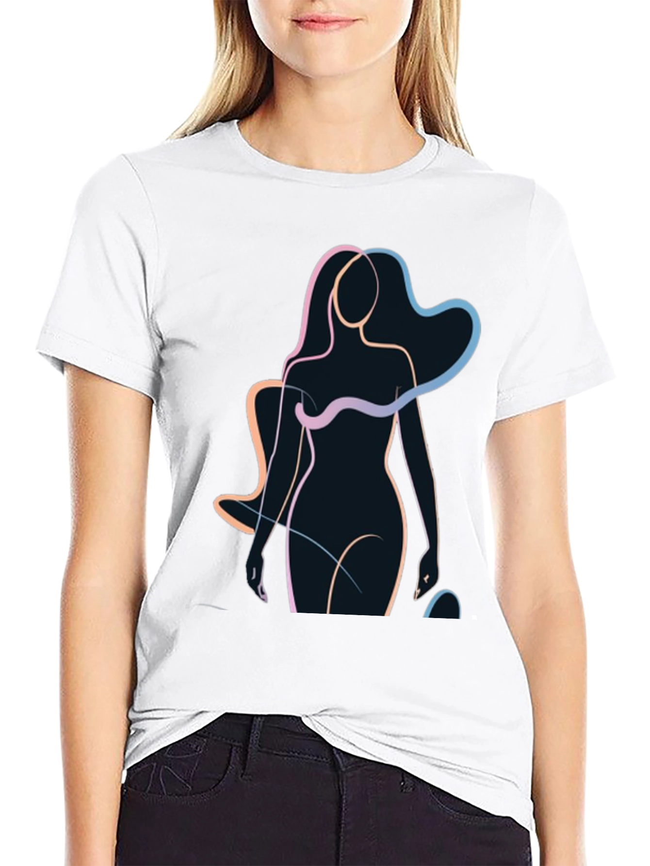 Abstract Woman Line Art Black T-Shirt