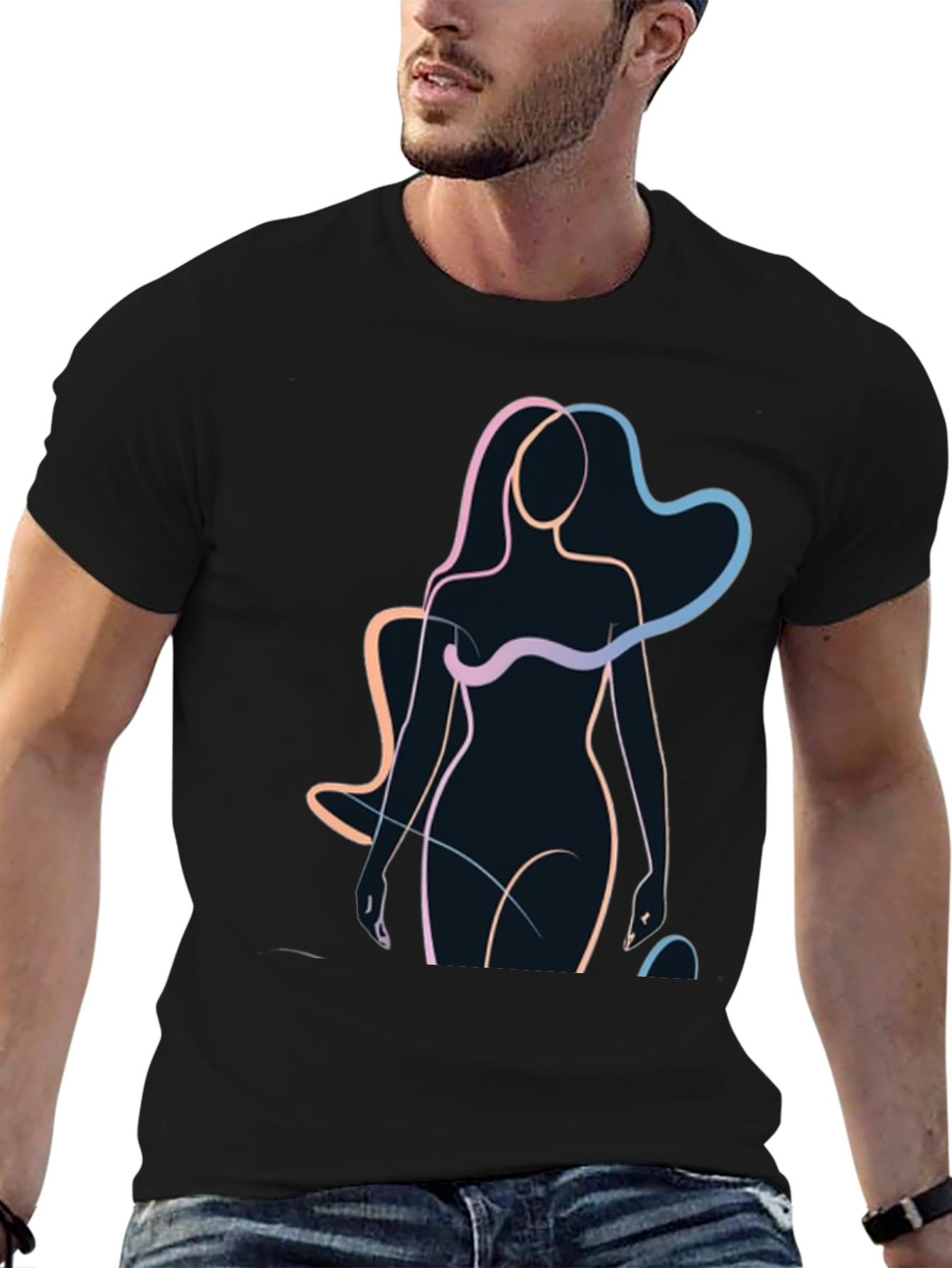 Abstract Woman Line Art Black T-Shirt