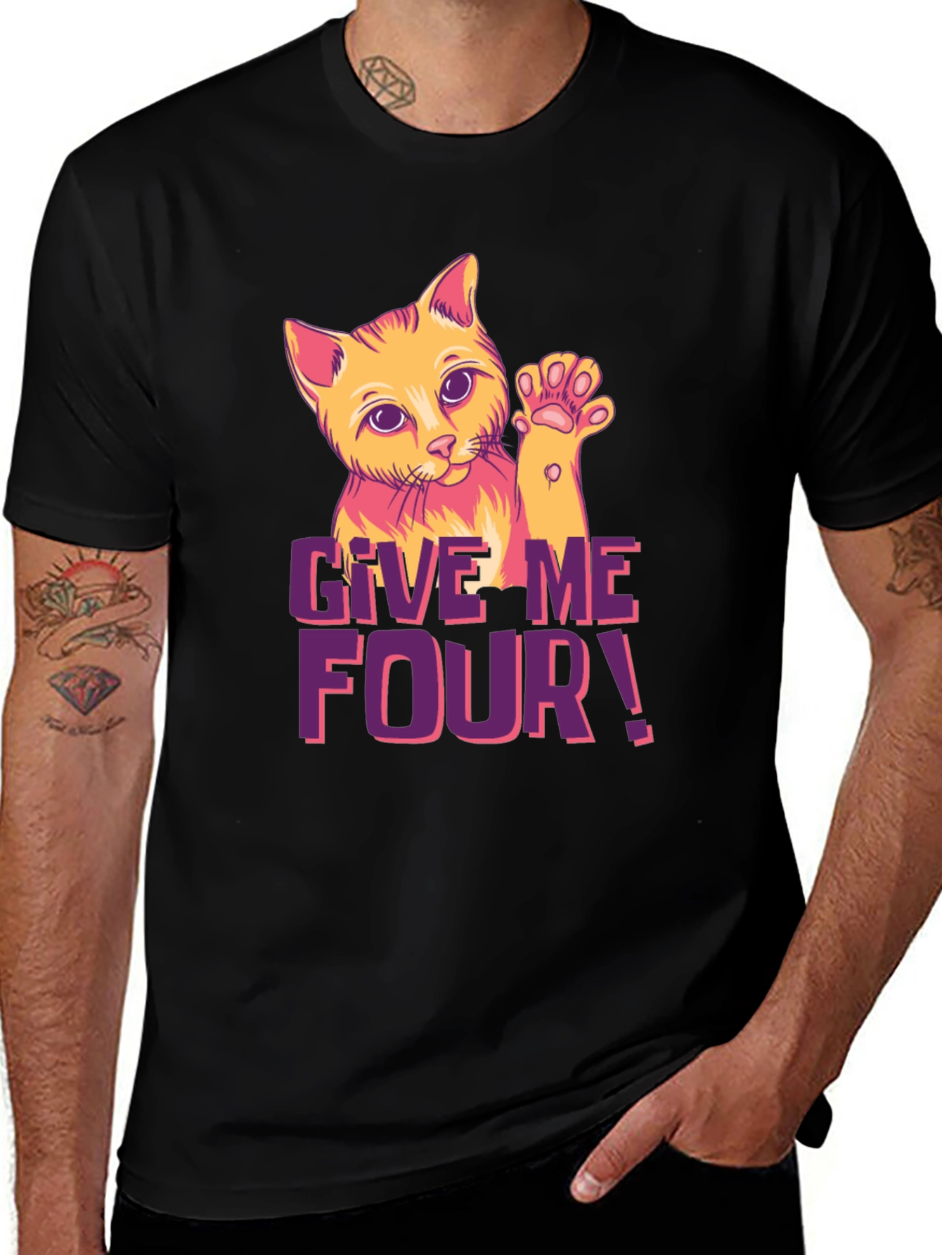 Give Me Four! Cat Graphic Black T-Shirt
