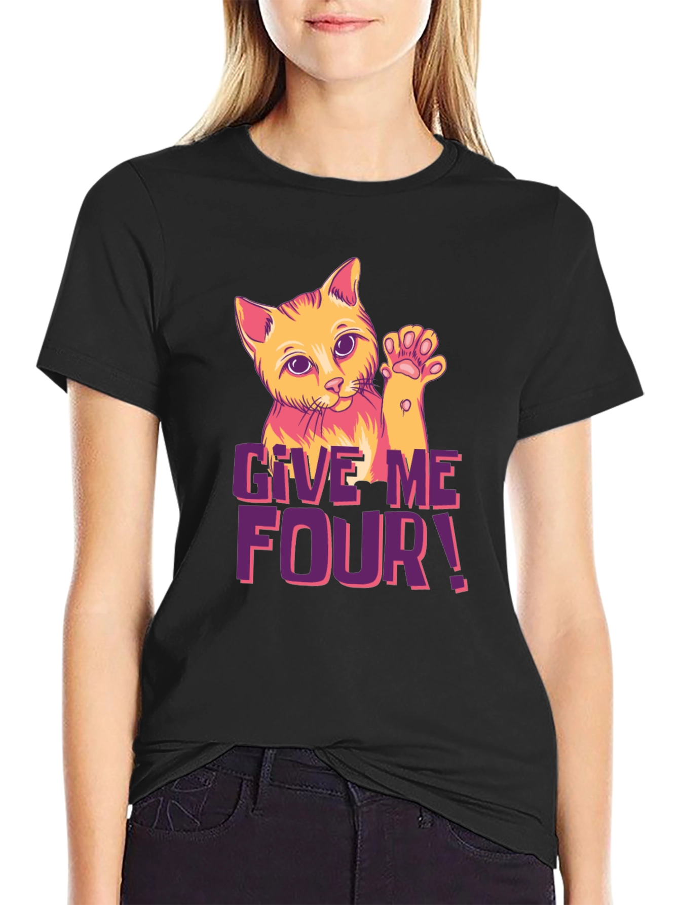 Give Me Four! Cat Graphic Black T-Shirt