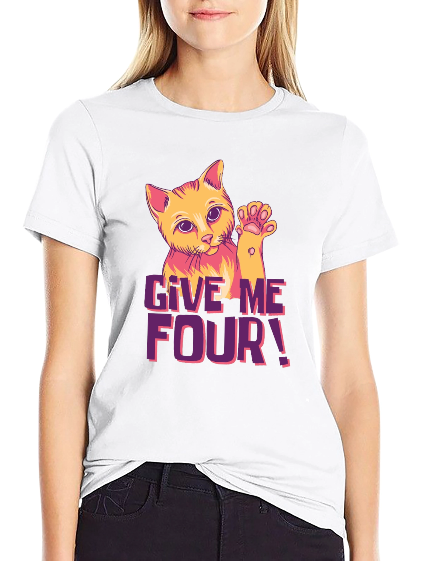 Give Me Four! Cat Graphic Black T-Shirt